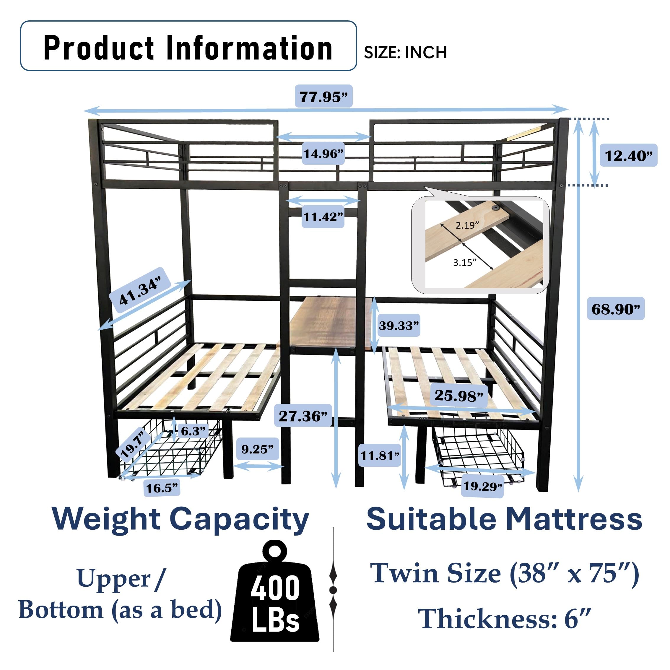 DNYN Twin Size Loft Bed with Desk & Storage Drawers& Table Set for Kids Bedroom,Covertible Twin-Over-Twin Bunkbeds Design,Easy Assemble & Space Saving & No Box Spring Needed,for Small Space, Black