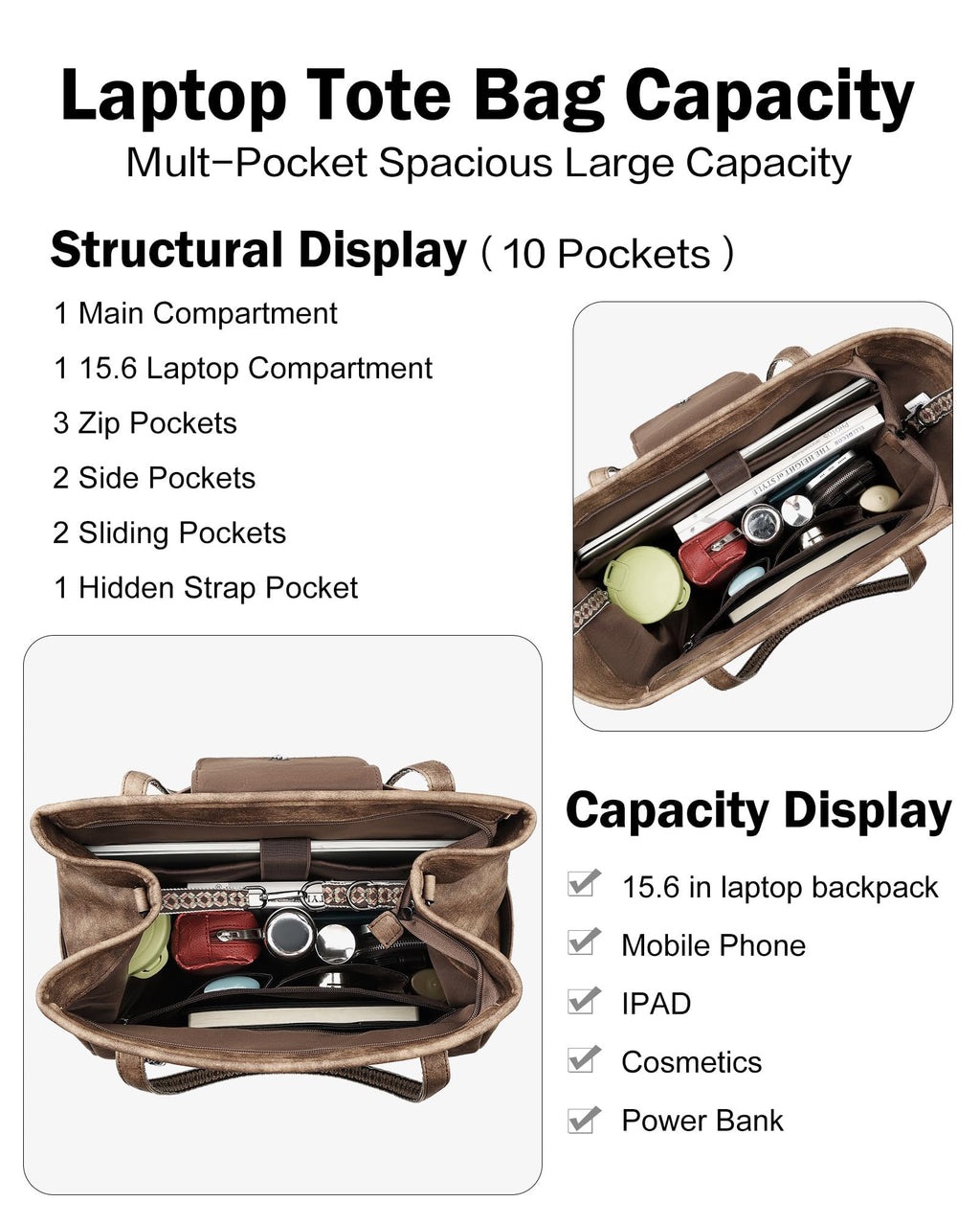 FADEON Large Laptop Tote Bag for Women Designer Leather Laptop Bag Fashion Travel Backpack Purse Shoulder Handbag
