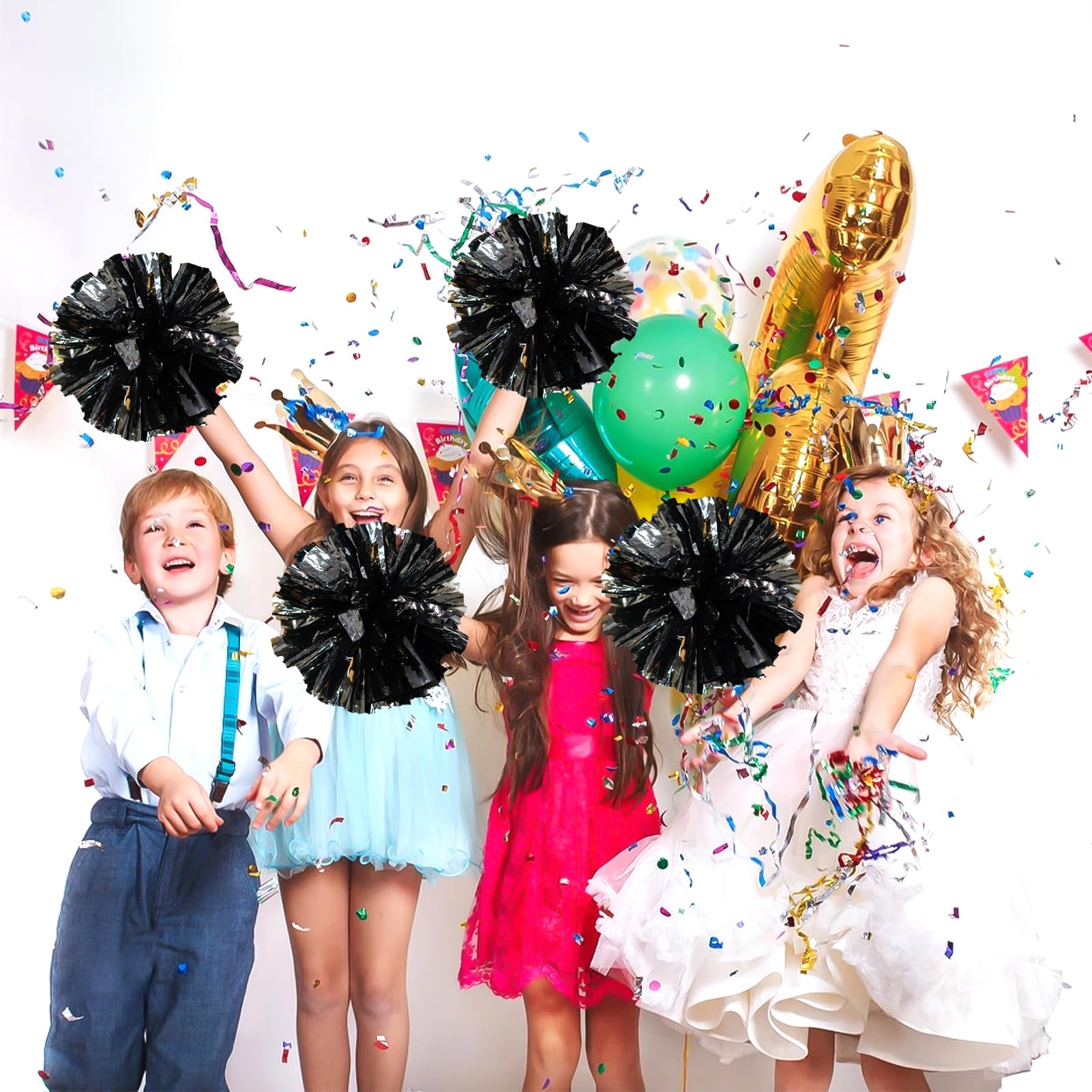 4Pcs Metallic Cheerleading Pom Poms, Creatiee 2 Pair Cheerleader Cheering Squad Pompoms for School Sports Dance Games Team Spirit Cheer
