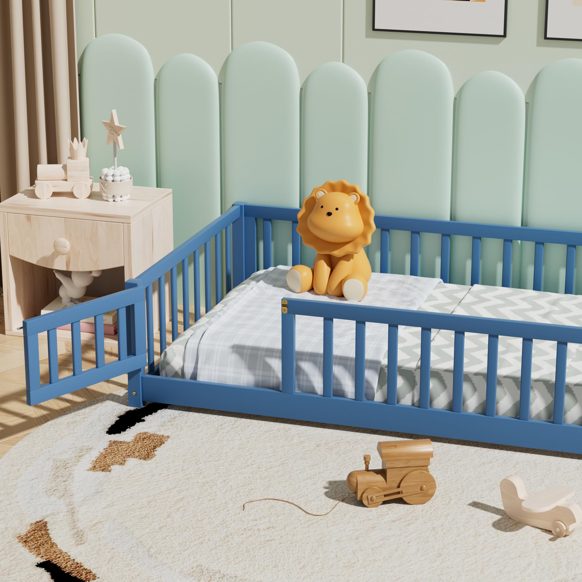 i-POOK Queen Floor Bed for Children, Sturdy Wood Montessori Bed Frame with Wood Slats, High Fence & Small Door for Girls and Boys, Espresso (with Bed Slats)