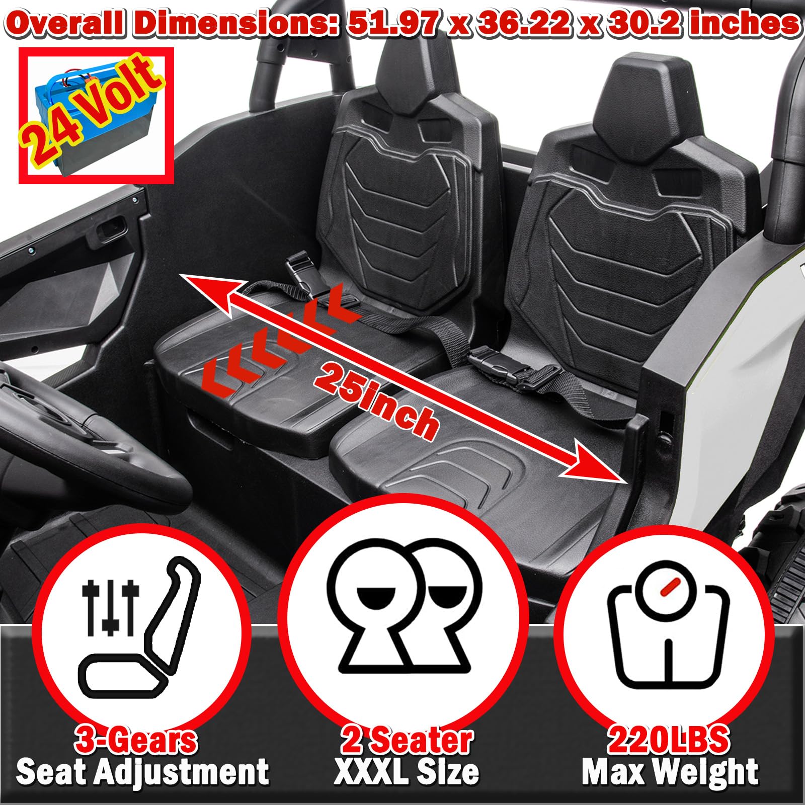 NEWQIDA XXXL 24V Ride On Toys for Big Kids UTV 2 Seater Electric Car w/Remote Control, 4WD Off-Road Side by Side, Max 220lbs, 24.8" Spacious Seat, EVA Tires, Up to 5.6 MPH, Rear Shock Absorbor, Black