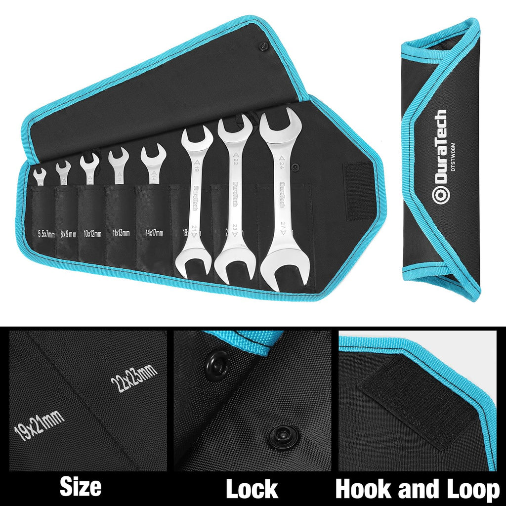 DURATECH Super-Thin Open End Wrench Set, Metric, 8-Piece, 5.5mm to 27mm, Black Electrophoretic Coating, with Rolling Pouch
