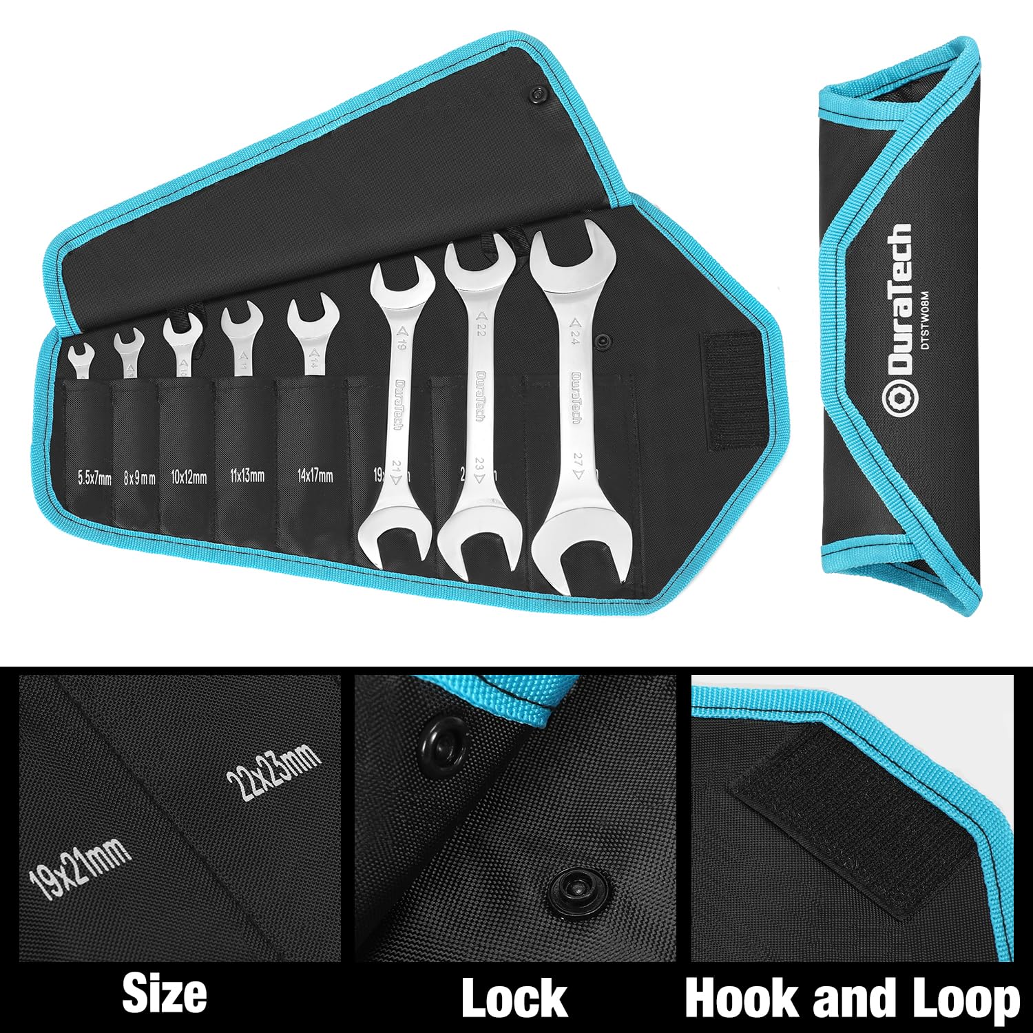 DURATECH Super-Thin Open End Wrench Set, Metric, 8-Piece, 5.5mm to 27mm, Black Electrophoretic Coating, with Rolling Pouch