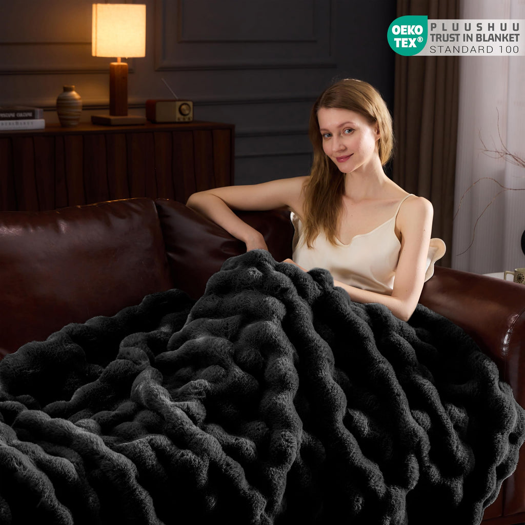 Faux Fur Throw Blanket for Couch, Fluffy Fuzzy Plush Bubble Blanket, Soft Warm Cozy Shaggy Rabbit Blanket, Luxury Decorative Gifts for Sofa Bedroom Living Room, 60x50inch (Beige)