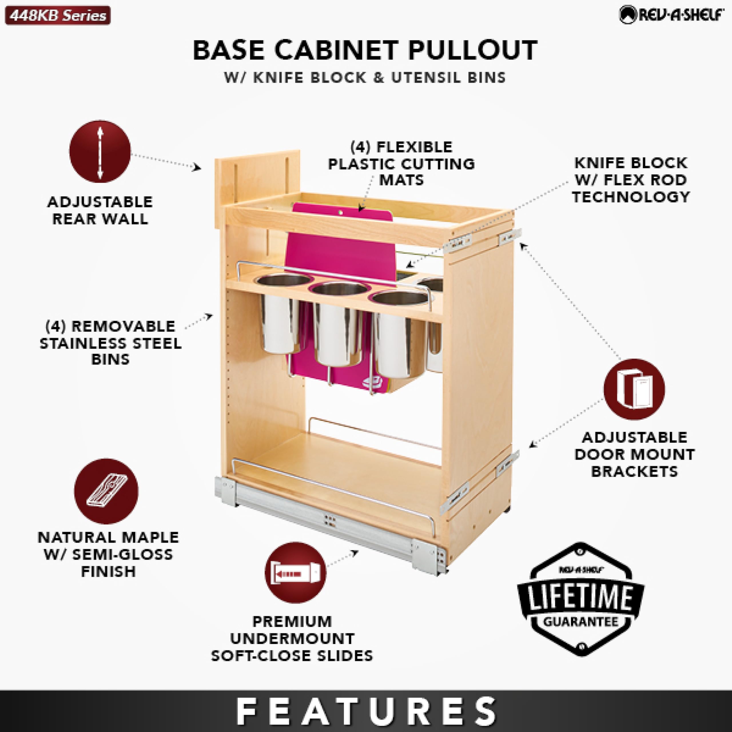 Rev-A-Shelf Wood Base Cabinet Knife Block Pullout Organizer w/Soft-Close
