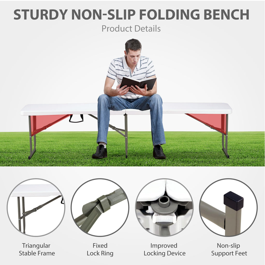 6ft Plastic Folding Bench with Carrying Handle & Lock, Portable Outdoor Bench in Garden Picnic Camping Dining Party Seat, Waterproof Bench for Soccer Activities, Firm and Durable (2Pack C)