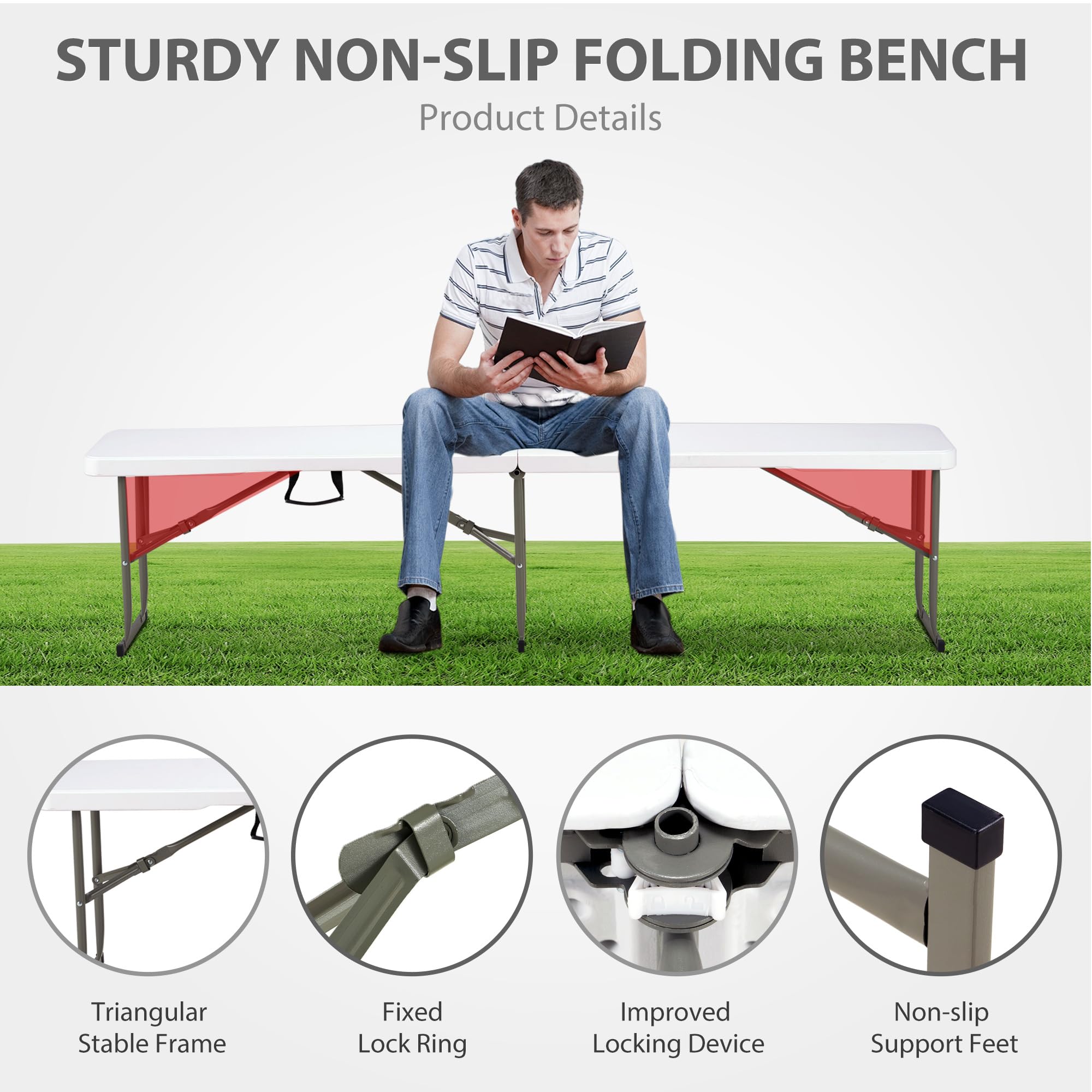 6ft Plastic Folding Bench with Carrying Handle & Lock, Portable Outdoor Bench in Garden Picnic Camping Dining Party Seat, Waterproof Bench for Soccer Activities, Firm and Durable (2Pack C)