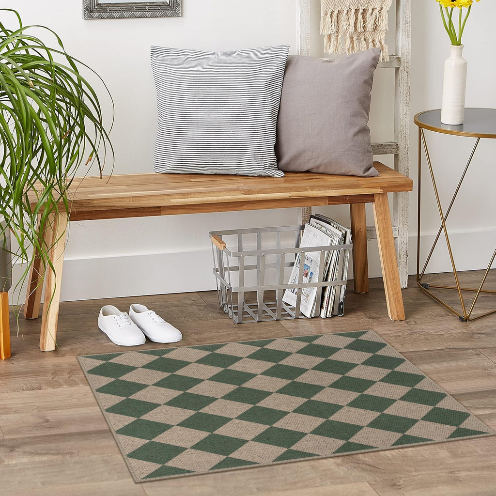 Rugalia Easy Jute Checkered Entryway Rug, 2x3 Black Modern Indoor Outdoor Doormat, Washable Non-Slip Neutral Small Kitchen Rug Farmhouse Diamond Throw Rugs for Entrance Bedroom Bathroom