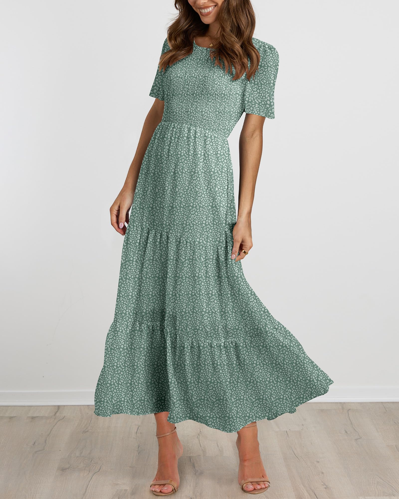 BTFBM Women Casual Short Sleeve Crew Neck Summer Dress Bohemian Floral Printed Flowy Maxi Dresses Tiered Cocktail Dress