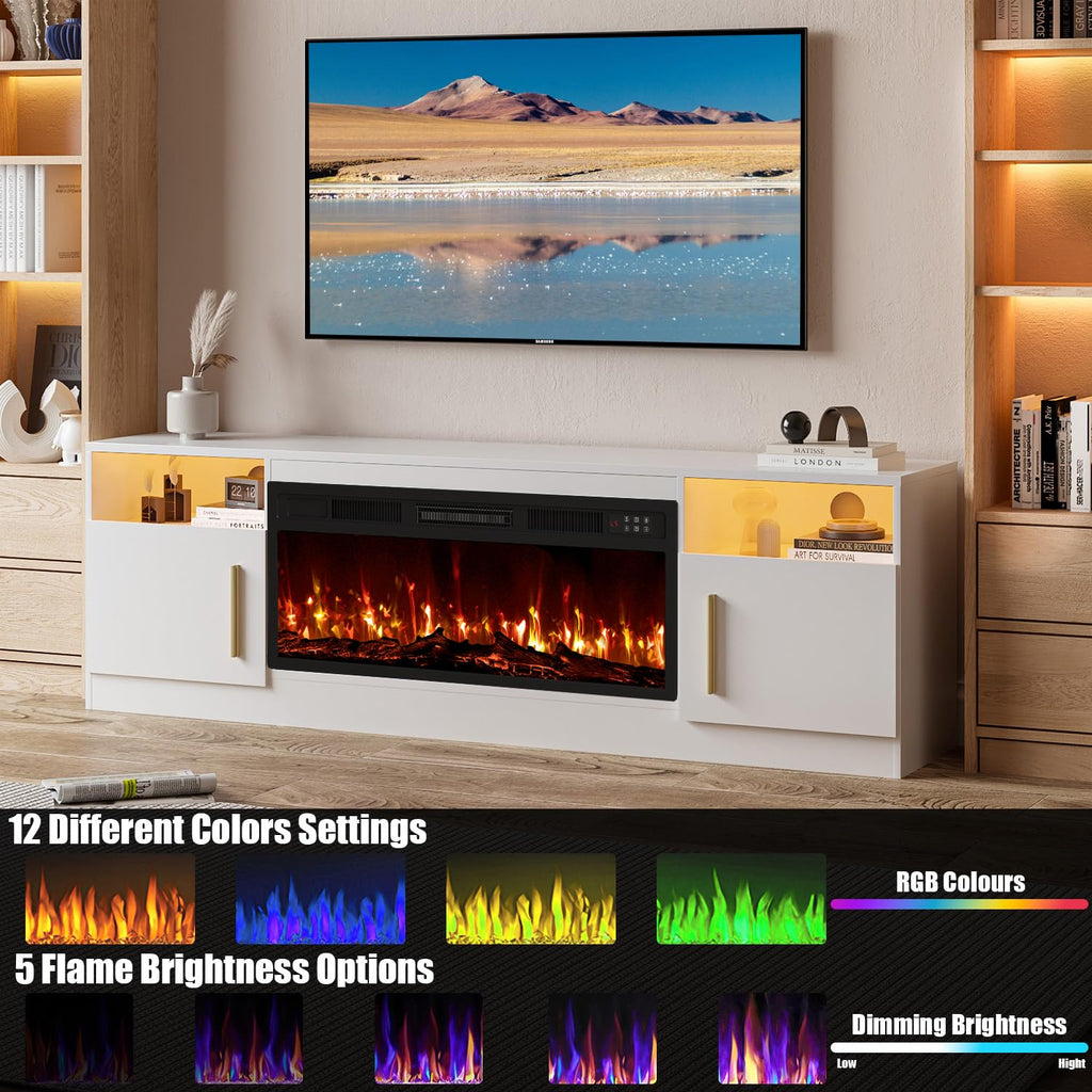 VITESSE 58 Inches Fireplace TV Stand for TVs up to 65 Inches Console with 18'' Electric Fireplace & Remote,Wooden Modern Entertainment Center for Living Room with LED Light Glass Shelves（Bei）