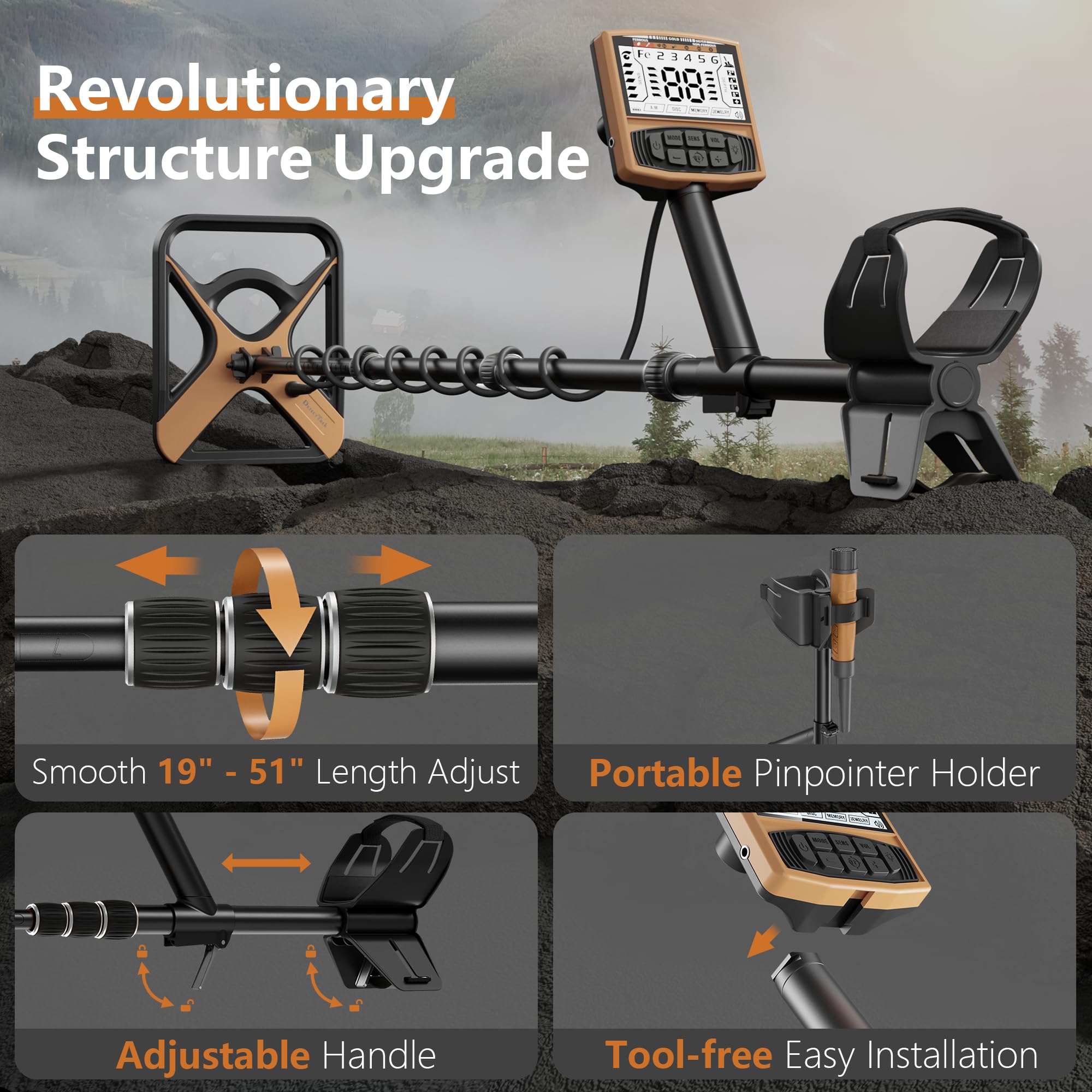 Metal Detector for Adults Rechargeable, 11" Professional Metal Detector for Gold & Silver, High Accuracy Waterproof Design, 5 Modes, Christmas Stocking Stuffers Gifts for Men/Dad,M55,Orange