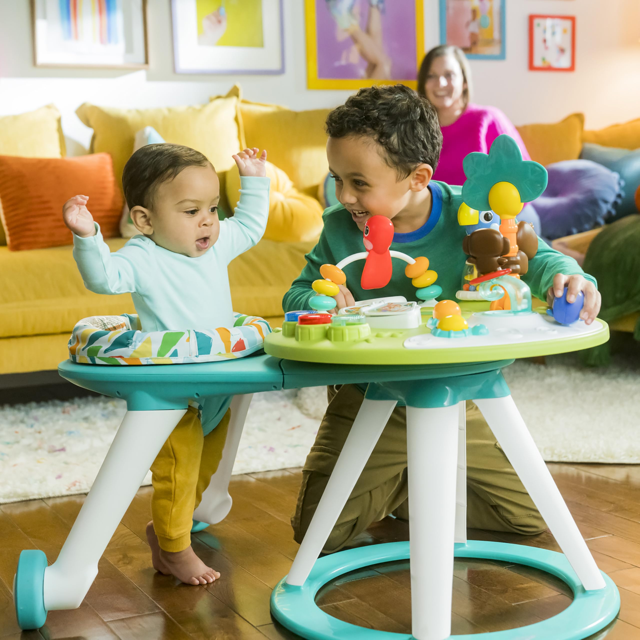 Bright Starts Around We Go 2-in-1 Baby Walker, Discovery Activity Center and Table, Tropic Cool, Ages 6 Months+