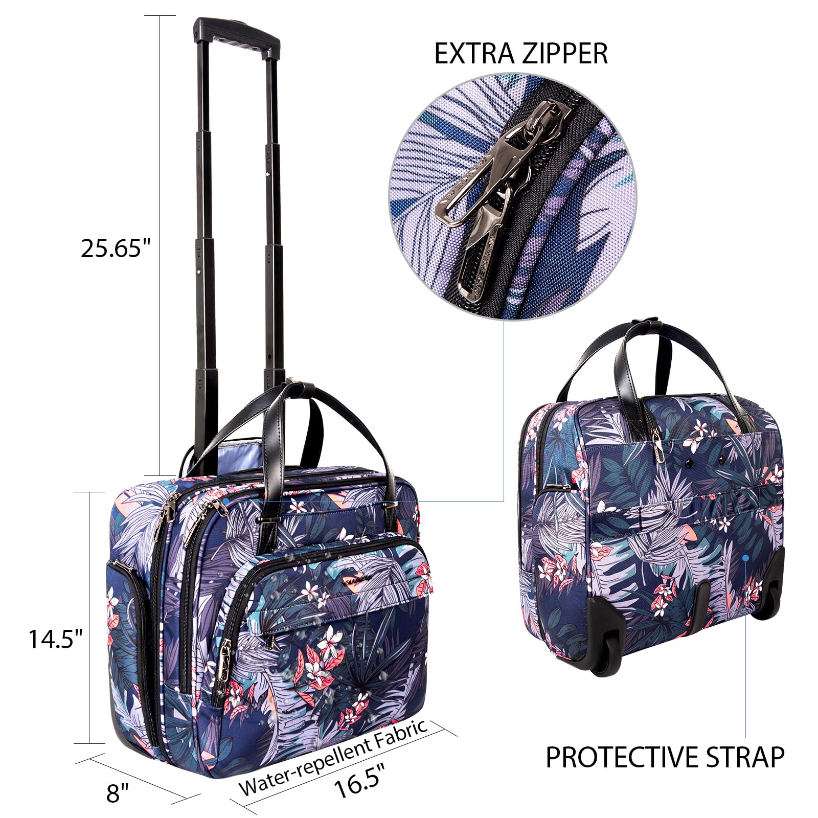 VANKEAN Rolling Laptop Bag Women with Wheels, Fits Up to 15.6 Inch Rolling Briefcase Water Repellent Rolling Computer Bag (Floral)