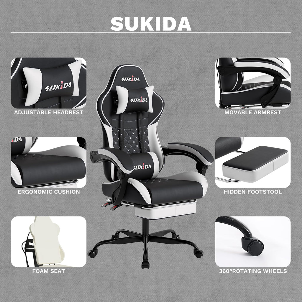 Ergonomic Video Gamer Chairs Gaming Computer Chair Gamer Chairs for Adults Massage Lumbar Support Swivel Height Adjustable Headrest Backrest