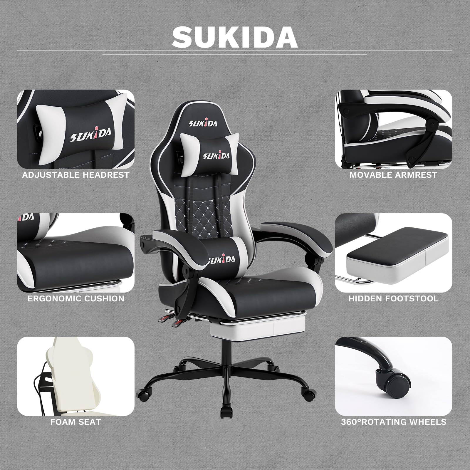 Ergonomic Video Gamer Chairs Gaming Computer Chair Gamer Chairs for Adults Massage Lumbar Support Swivel Height Adjustable Headrest Backrest
