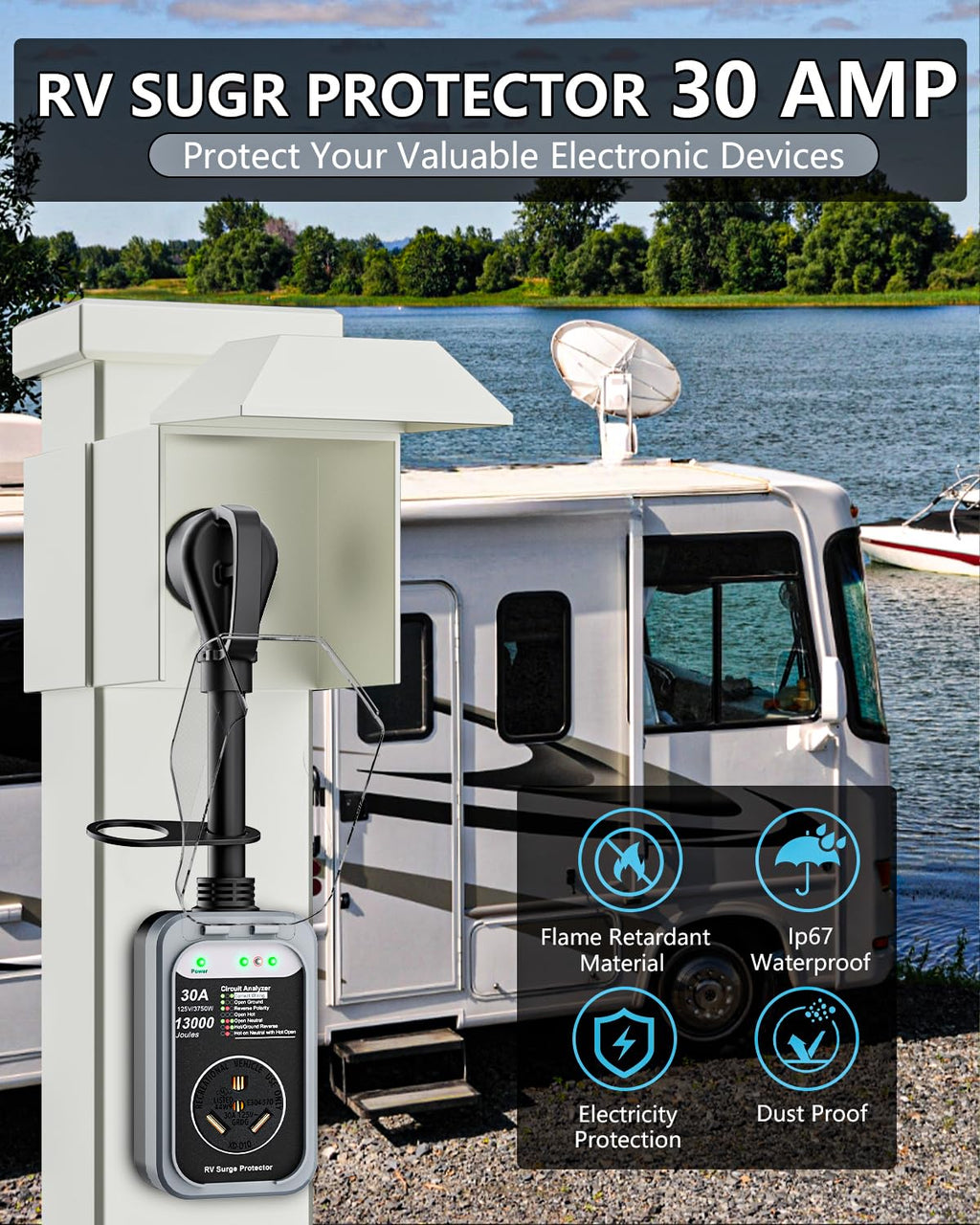 RV Surge Protector 30 Amp, 10000 Joules RV Circuit Analyzer with Waterproof Cover,RV Adapter Plug for Camper Travel Trailers (30 AMP)