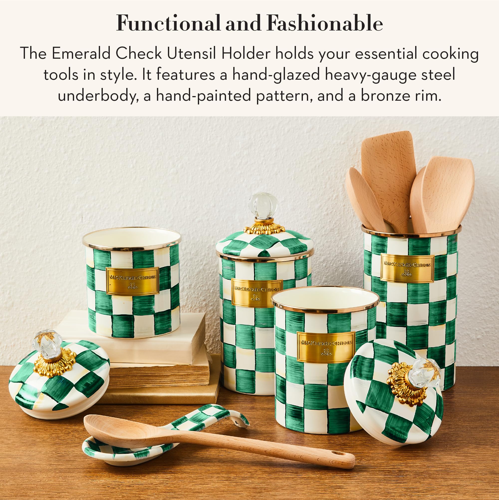 MACKENZIE-CHILDS Enamel Utensil Holder, Stylish Kitchen Countertop Organizer, Wild Rose Brown