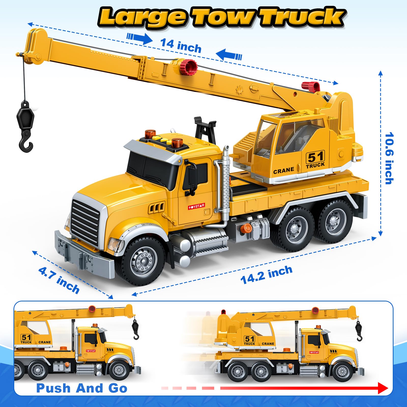 Bstoyder Kids Toys for 3 4 5 6 7 8 Years Old Boys, 15" Crane Truck Toy with Lights, Sounds, Toddler Friction Powered Truck Vehicle Toy for Boys Girls Birthday Gifts