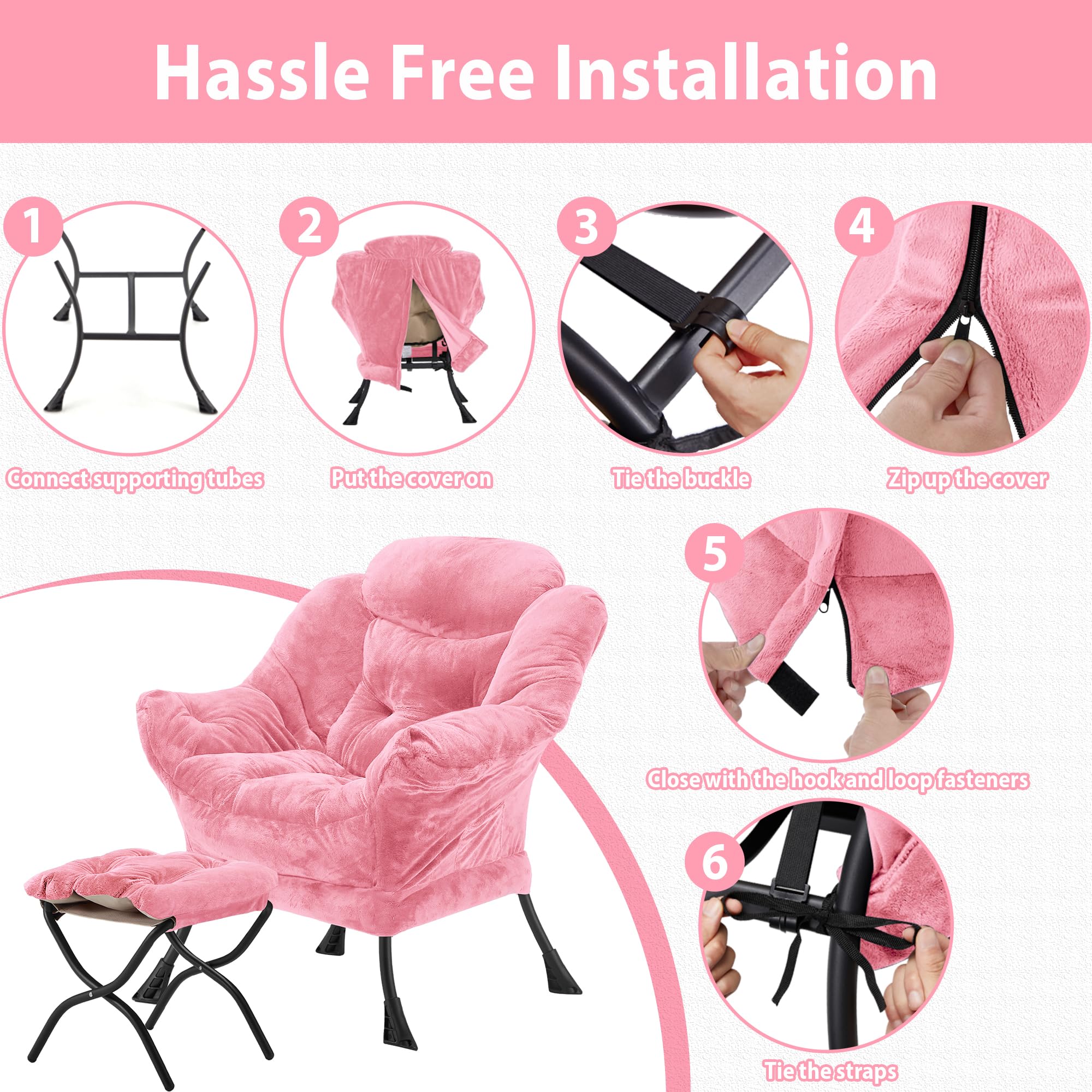 Youtanic Lazy Chair with Folding Ottoman, Accent Chair Velvet Upholstered with Metal Structure and Non-Slip Pads, Sofa Armchair with Footrest and Side Storage Bag for Dorm, Room, Office, Beige