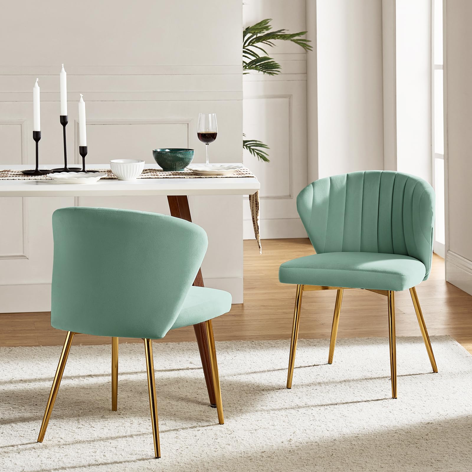 HULALA HOME Velvet Dining Chairs, Modern Small Armless Accent Chair with Gold Metal Legs, Living Room Upholstered Cute Side Chair, Elegant Tufted Back Vanity Chair for Bedroom, Auburn