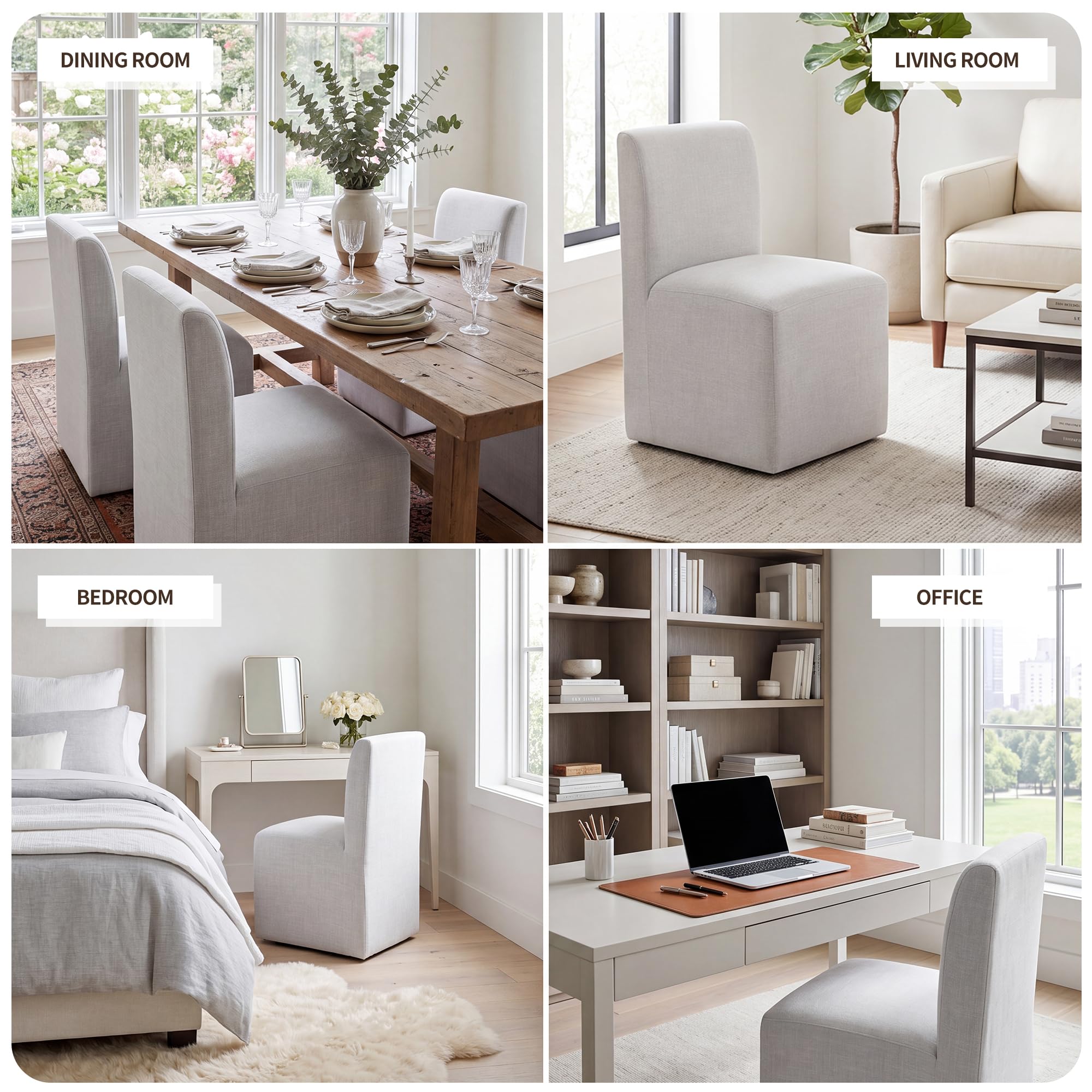DUHOME Upholstered Dining Chair with Casters,Armless Modern Rolling Linen Dining Chairs with Wheels for Dining Room Bedroom Reading Room Living Room