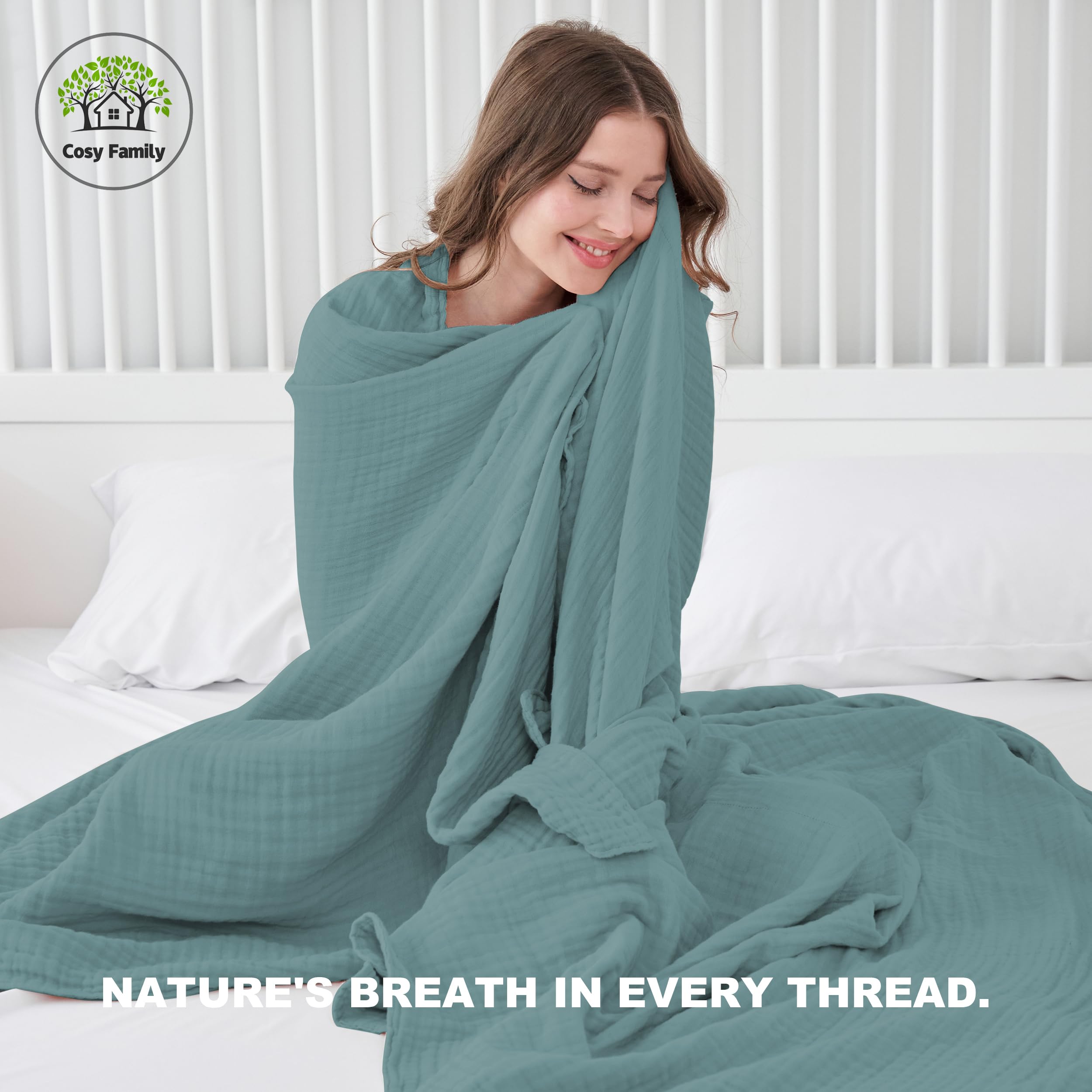 Cosy Family 4 Layer Muslin Bed Blanket - Breathable and Lightweight Gauze Boho Blanket for Spring, Soft 100% Cotton Muslin Blanket, Brown, 55x80 Inches