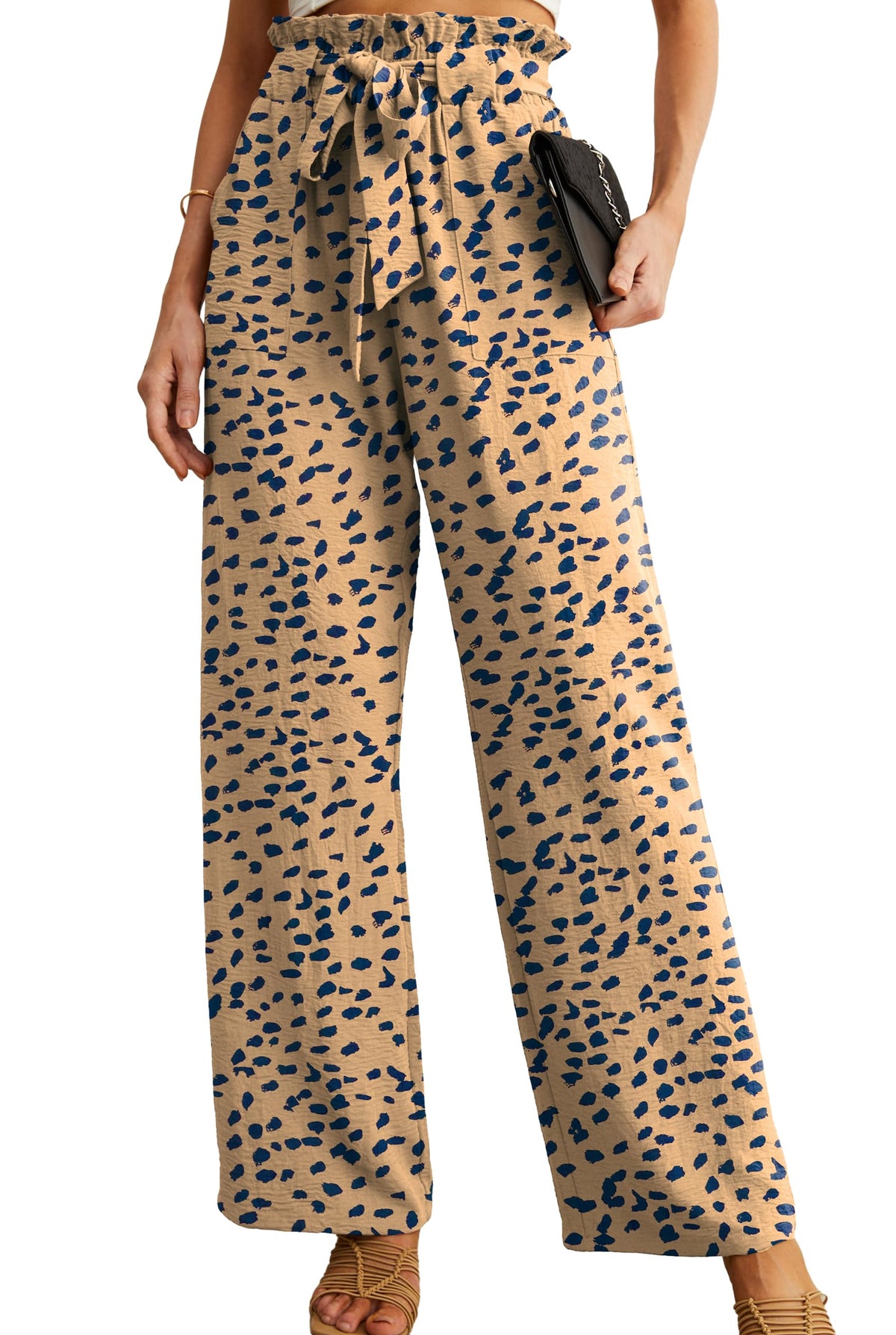 IWOLLENCE Women High Waist Palazzo Pants, Adjustable Knot Ankle Wide Leg Trousers Pockets Beach Vacation Lounge Office