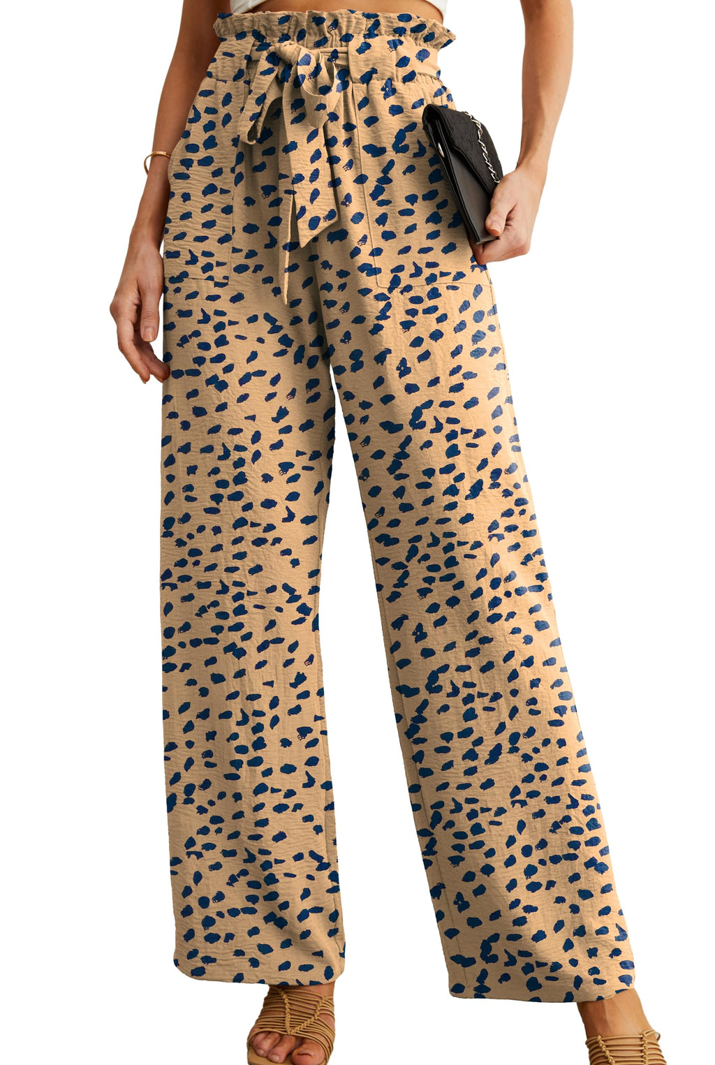 IWOLLENCE Women High Waist Palazzo Pants, Adjustable Knot Ankle Wide Leg Trousers Pockets Beach Vacation Lounge Office