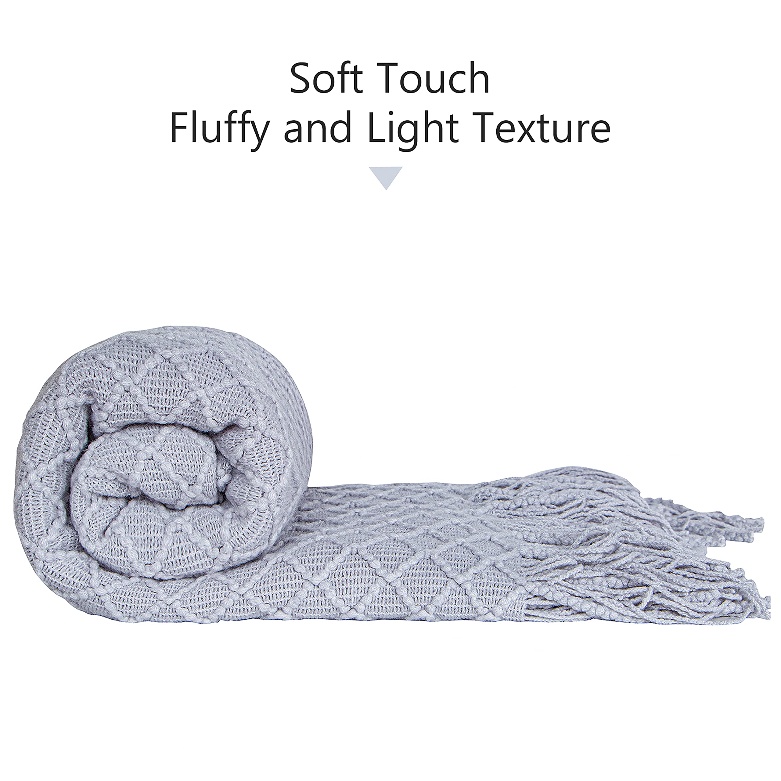 NTBAY Acrylic Knitted Throw Blanket, Lightweight and Soft Cozy Decorative Woven Blanket with Tassels for Travel, Couch, Bed, Sofa, 51x67 Inches, Grey Wave