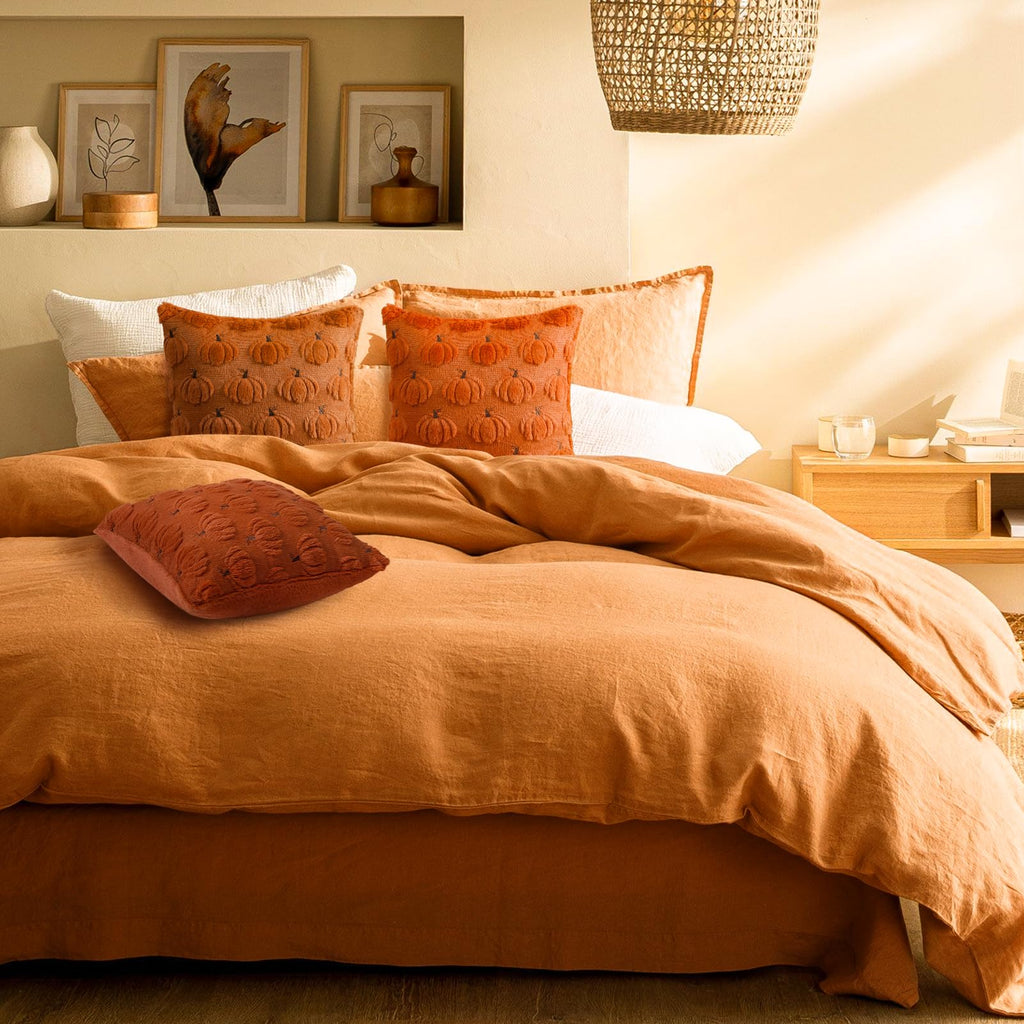 Fall Beige Pillow Covers 18x18 Set of 2 Double-Sided Pumpkin Plush | Boho farmhouse comfort with raised Autumn pumpkin embroidery, designed for living rooms, sofas, and cozy fall home decor.
