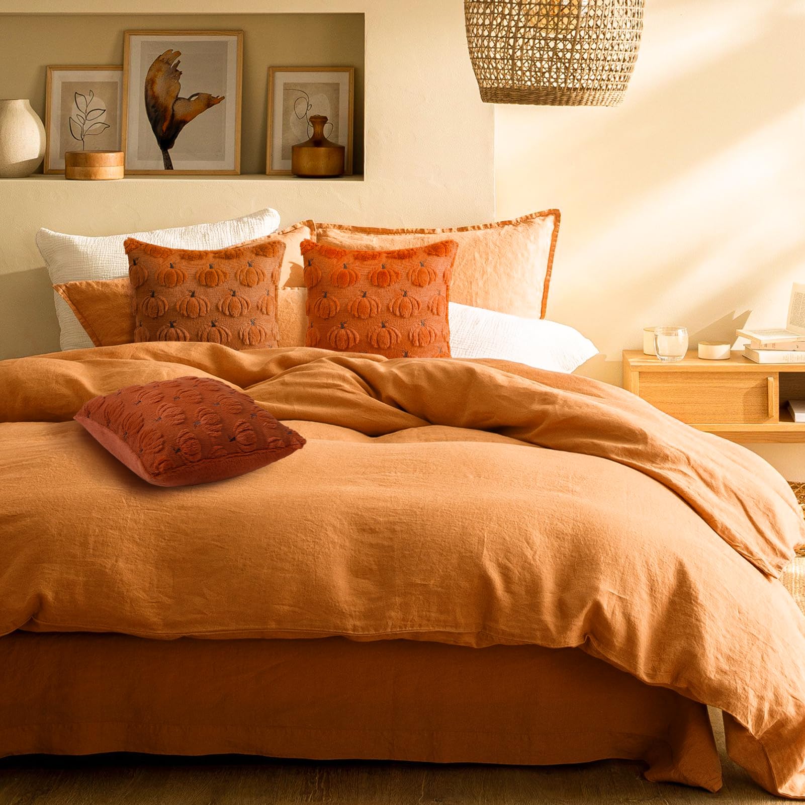 Fall Beige Pillow Covers 18x18 Set of 2 Double-Sided Pumpkin Plush | Boho farmhouse comfort with raised Autumn pumpkin embroidery, designed for living rooms, sofas, and cozy fall home decor.