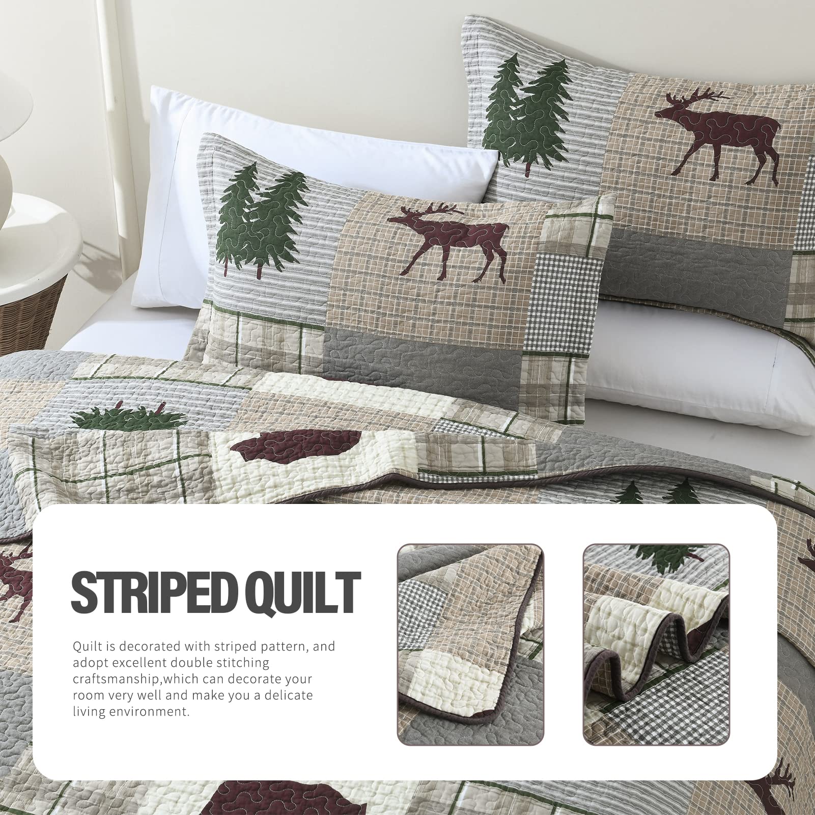Y-PLWOMEN 100% Cotton Farmhouse Plaid Lightweight 3-Pieces Quilt Set (Blue Brown, Queen90 * 98 Inch)