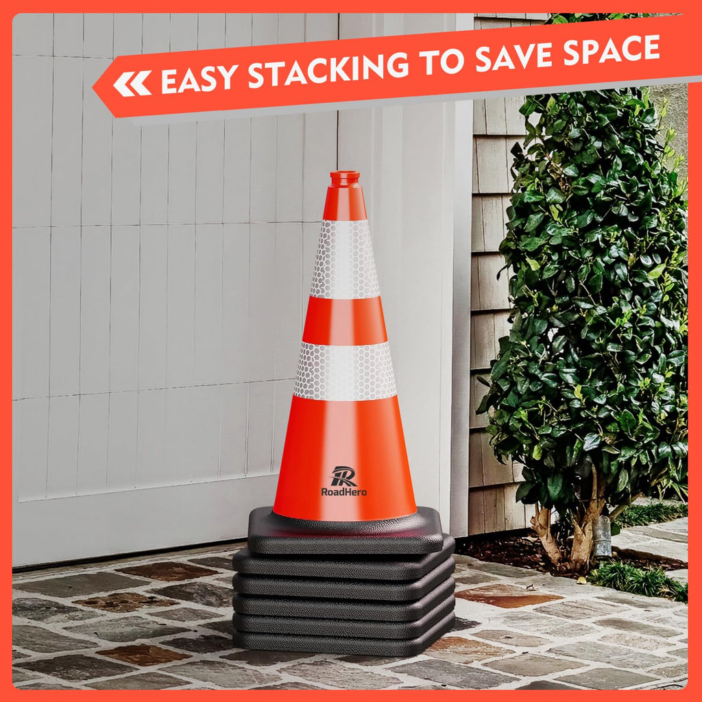 RoadHero 4 Pack Traffic Safety Cones 18 Inch with Black Weighted Base, Plastic PVC Cone, Orange Cones with Reflective Collar, Cones for Parking Lot, Construction Events, Road Safety