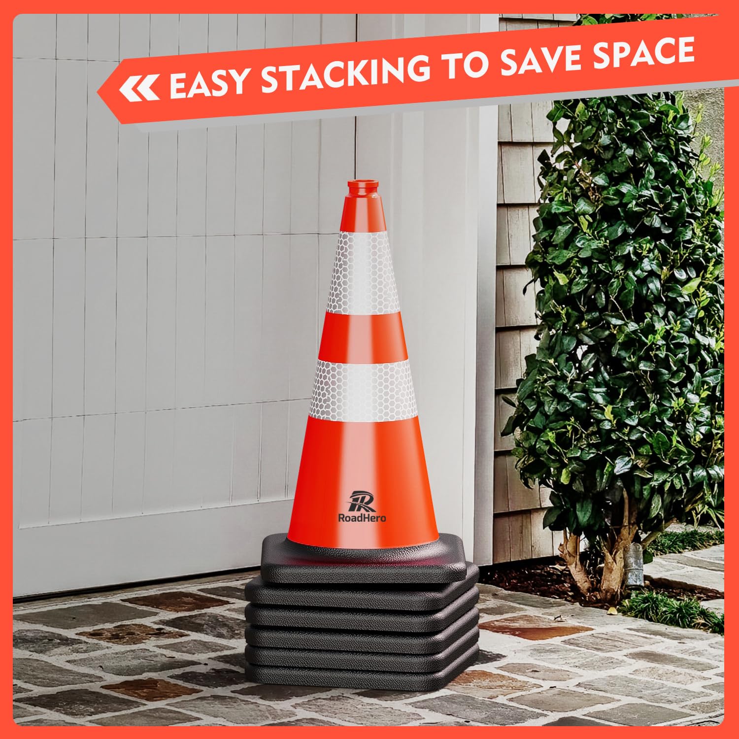 RoadHero 4 Pack Traffic Safety Cones 18 Inch with Black Weighted Base, Plastic PVC Cone, Orange Cones with Reflective Collar, Cones for Parking Lot, Construction Events, Road Safety
