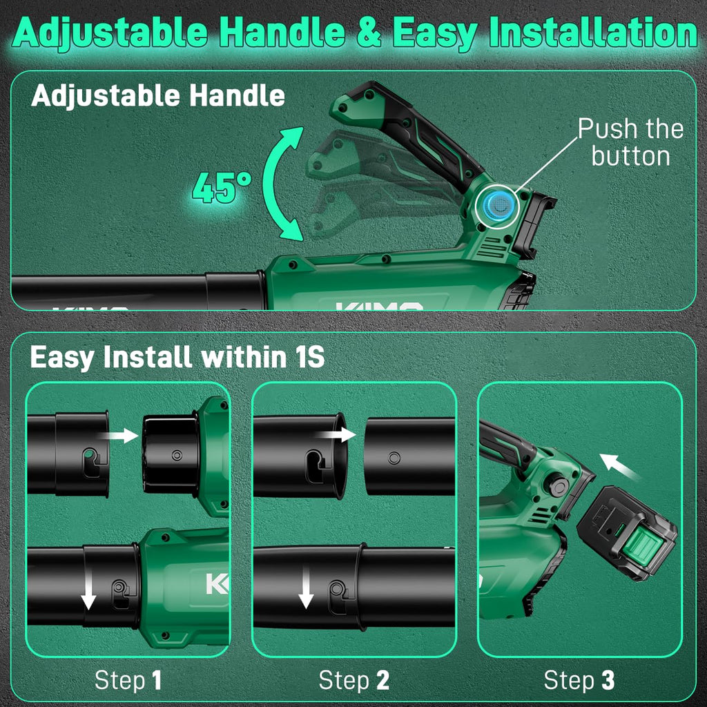 KIMO Leaf Blower Cordless with Battery and Charger, 540CFM/220MPH, Precision Adjustment Handle, 3Speeds w/ Visual Panel, Lightweight, 2 Extended Tube, 2* 2.0 Battery Powered Leaf Blowers for Lawn Care