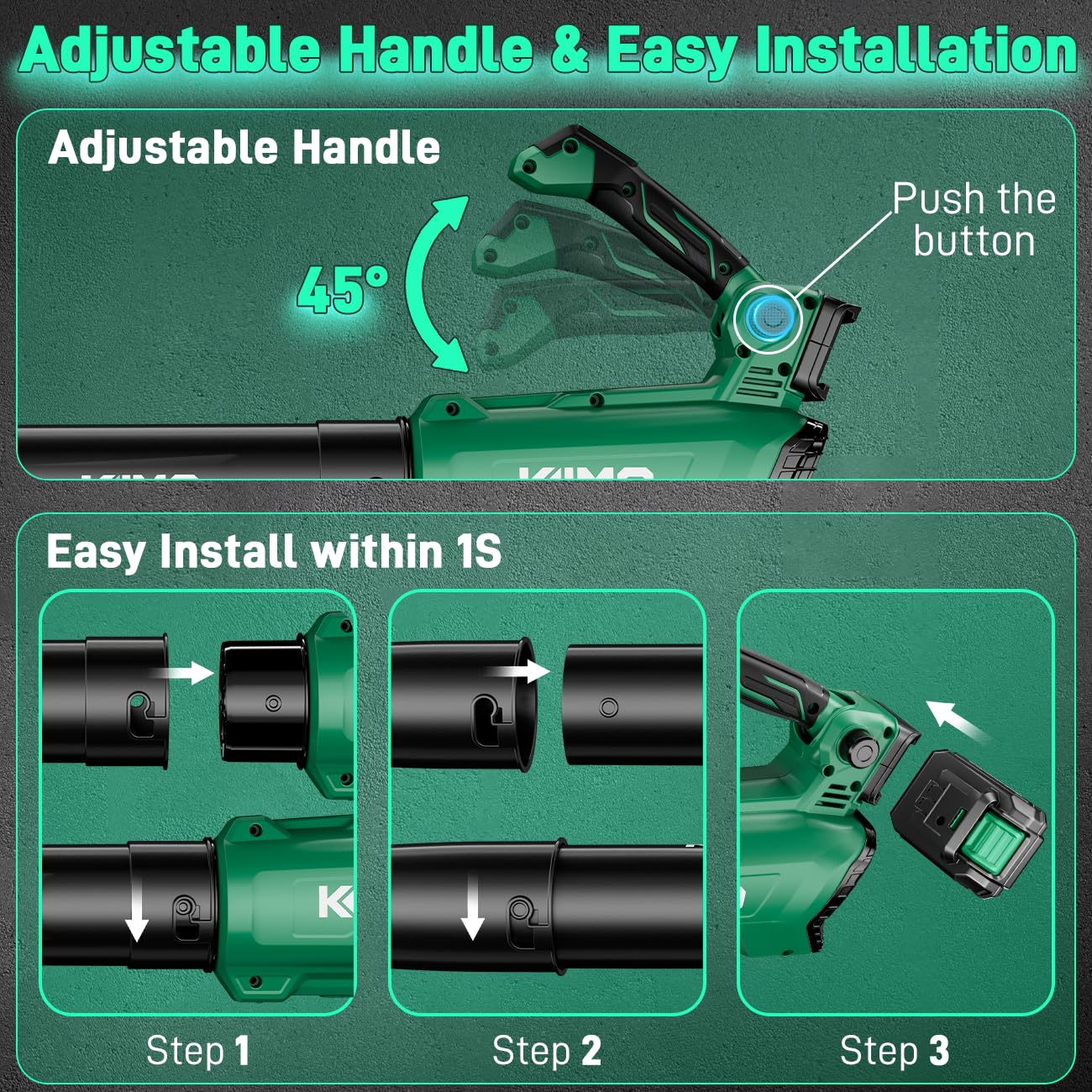 KIMO Leaf Blower Cordless with Battery and Charger, 540CFM/220MPH, Precision Adjustment Handle, 3Speeds w/ Visual Panel, Lightweight, 2 Extended Tube, 2* 2.0 Battery Powered Leaf Blowers for Lawn Care