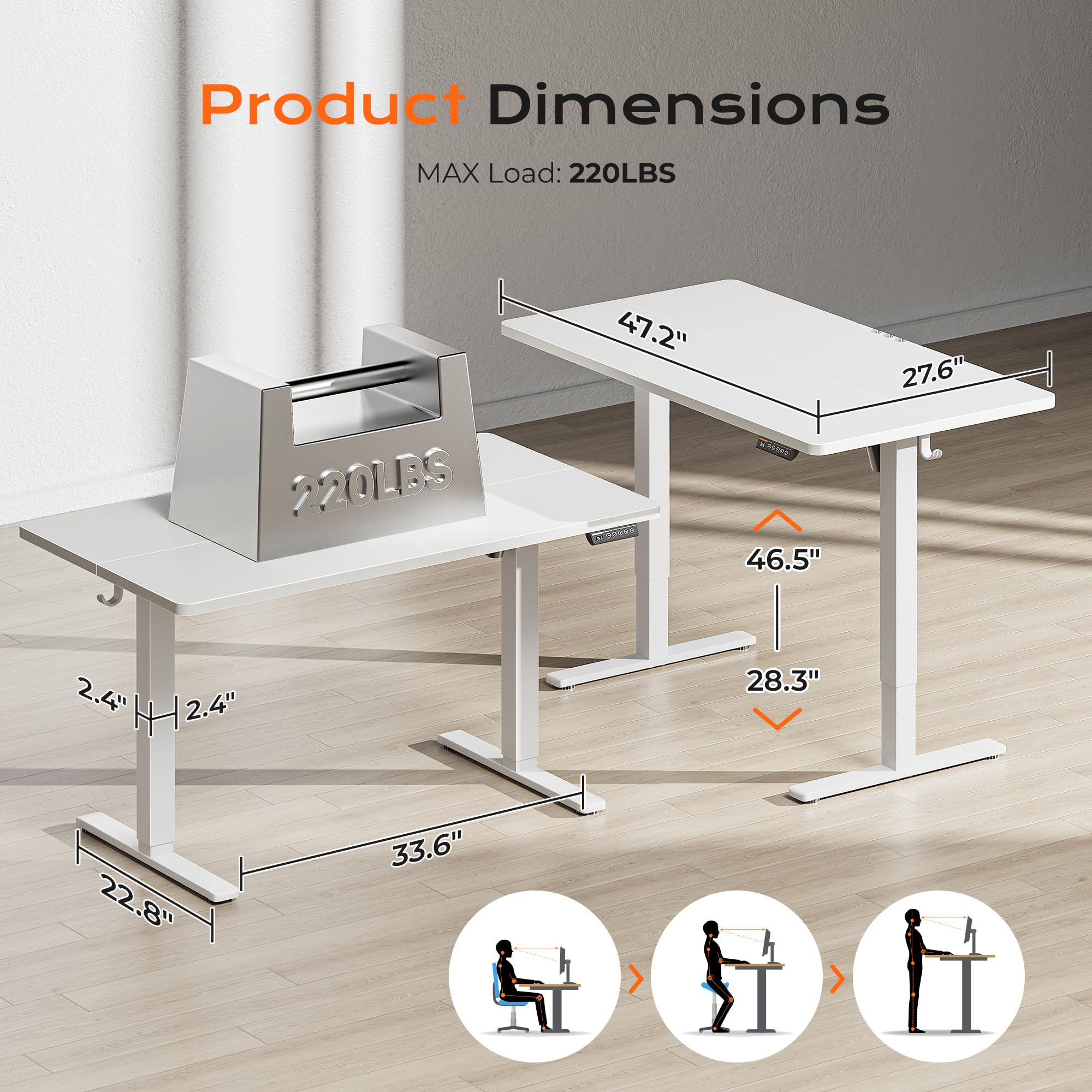 Huuger 48 x 28 Large Electric Standing Desk, Height Adjustable Desk, 27.6" Deep Desktop, Stand up Gaming, 2 Hooks, 3 Preset Heights, for Home Office, Black