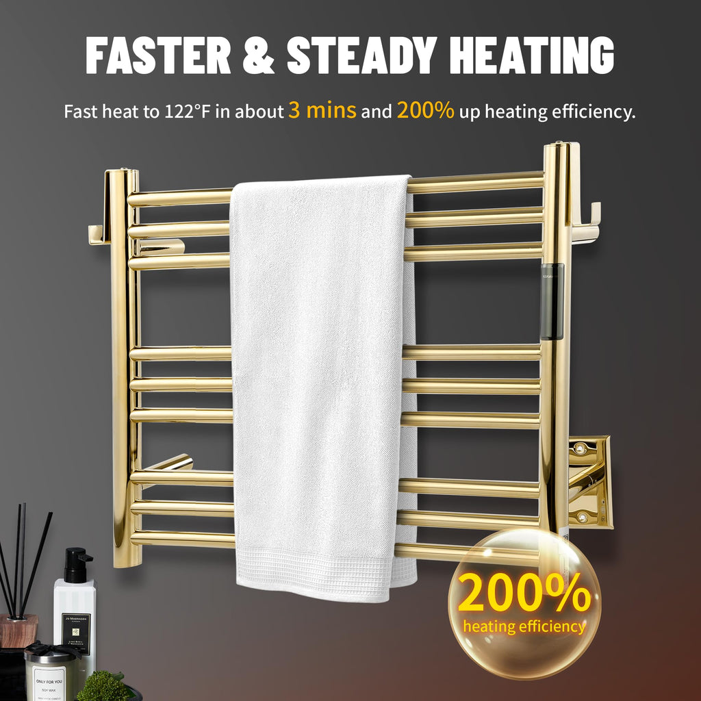K&KALONZO Wall-Mounted 9-Bar Heated Towel Rack, Fast Heat in 2 Min, NTC Safety | 4 Timers & 3 Heat Levels Control, Plug-In/Hardwired, Top Hooks, Memory Function, Anti-Scald, Stainless Steel, EL13ML