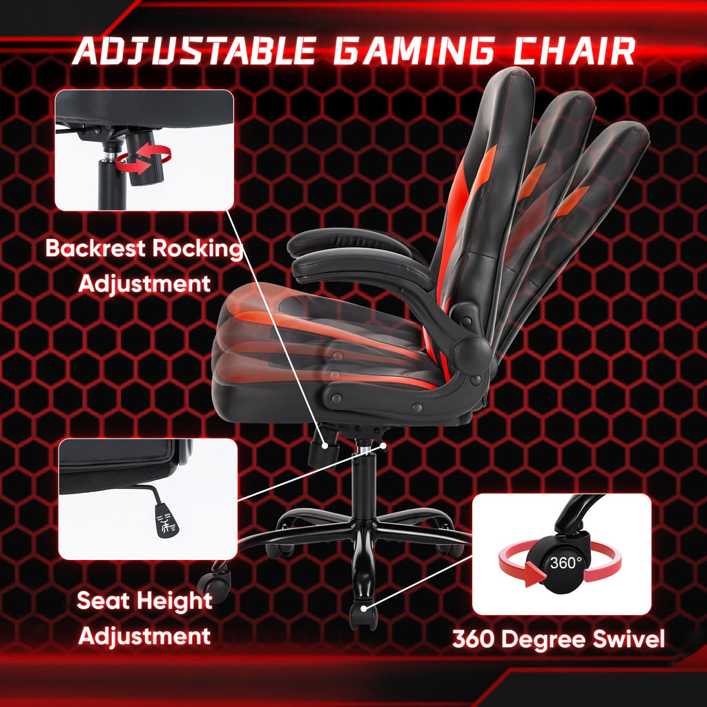 OLIXIS Computer Gaming Desk Chair - Ergonomic Video Game with Comfy Lumbar Support and headrest, PU Leather with Flip-up Arms, Adjustable Height and Swivel Wheels, for Adults, Black