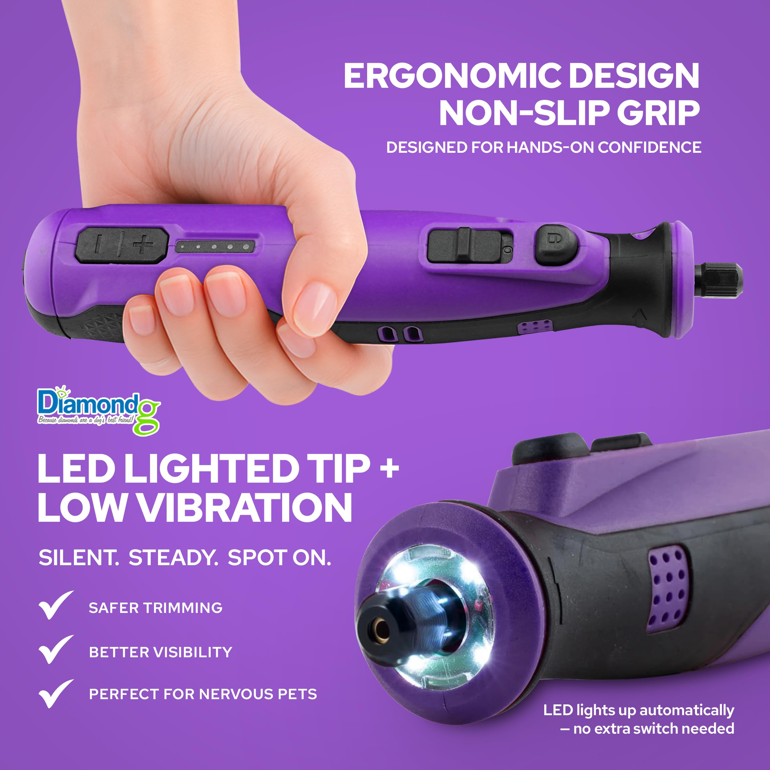 Diamondg Cordless Dog Nail Grinder with Quiet Sound & LED Tip for Large & Small Dogs, 4hrs. Runtime - Electric Dog Nail Trimmer, Heavy Duty Rotary Tool Alternative to Toenail Clippers & Filers