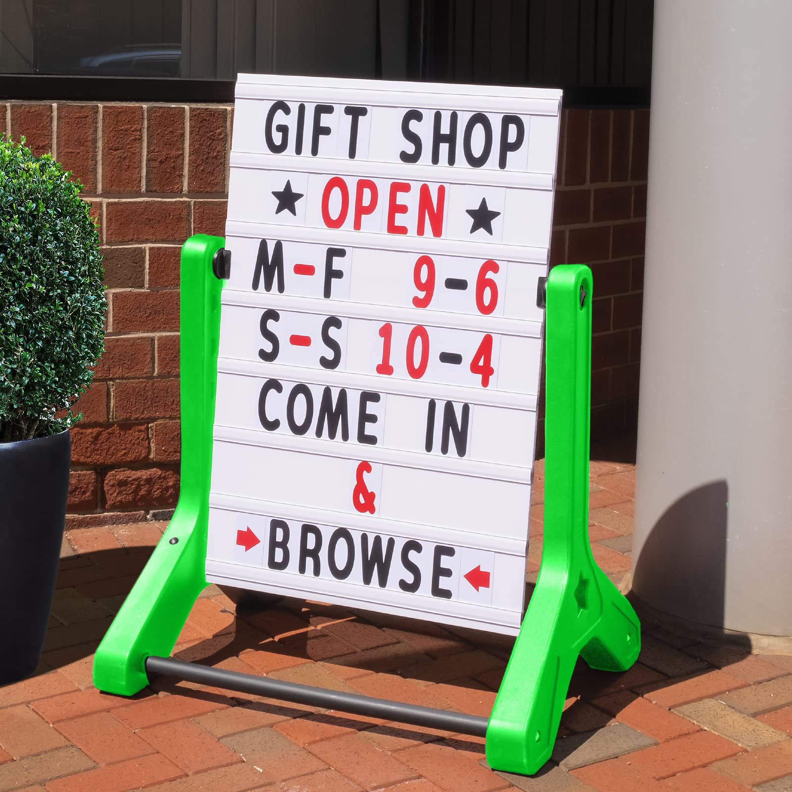 Swinging Changeable Message Sidewalk Sign: 24" x 36" Sign with 792 Pre-Cut Double Sided Letters and Storage Box. Includes Black Board & Letter Board (Black Color Legs)
