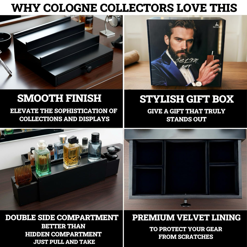 Wooden Cologne Organizer for Men 3 Tier | Black Perfume Holder Shelf for Dresser | High Grade Velvet Lining and Stylish Gift Box | Uncluttered Design Perfume Display Stand