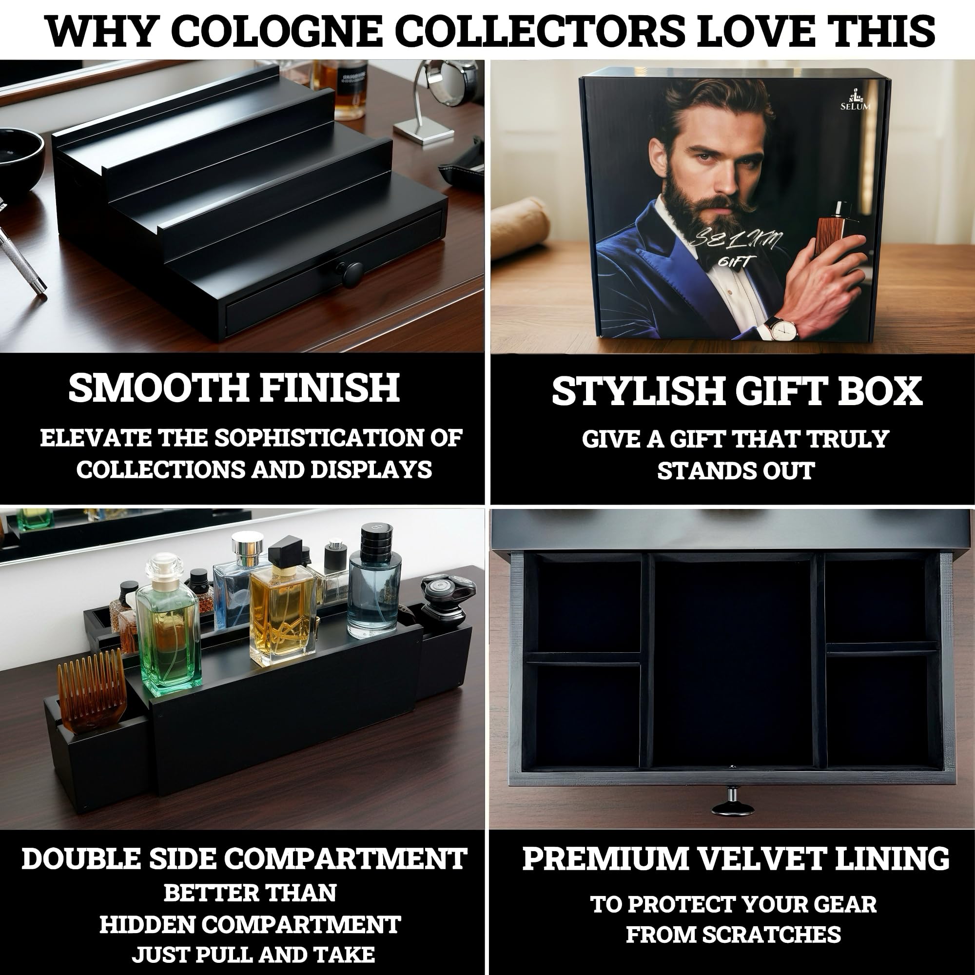 Wooden Cologne Organizer for Men 3 Tier | Black Perfume Holder Shelf for Dresser | High Grade Velvet Lining and Stylish Gift Box | Uncluttered Design Perfume Display Stand