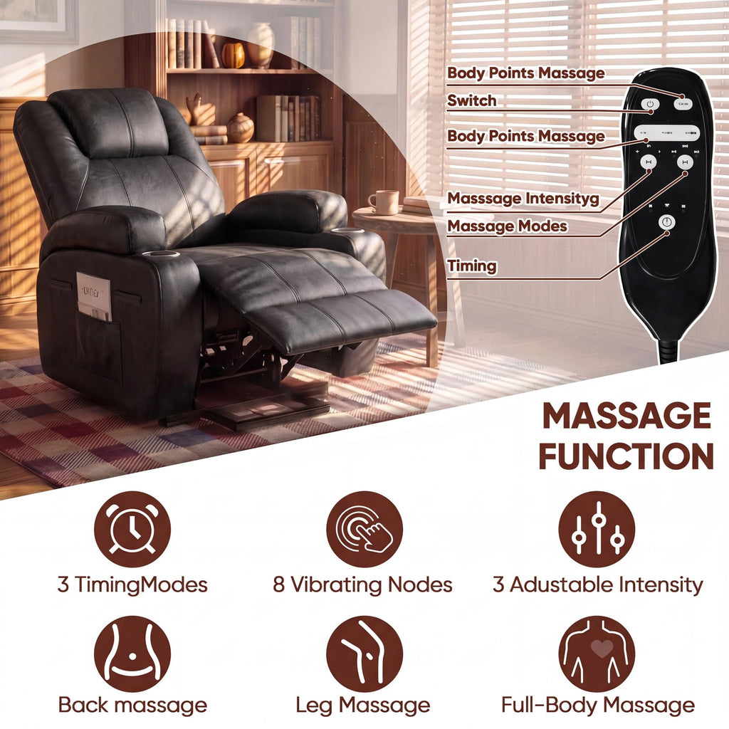 Furmax Electric Power Lift Recliner Chair with Massage for Elderly Corduroy Fabric Recliner Single Sofa with Cup Holders, Side Pockets and Remote Control for Living Room Bedroom (Leathaire, Brown)