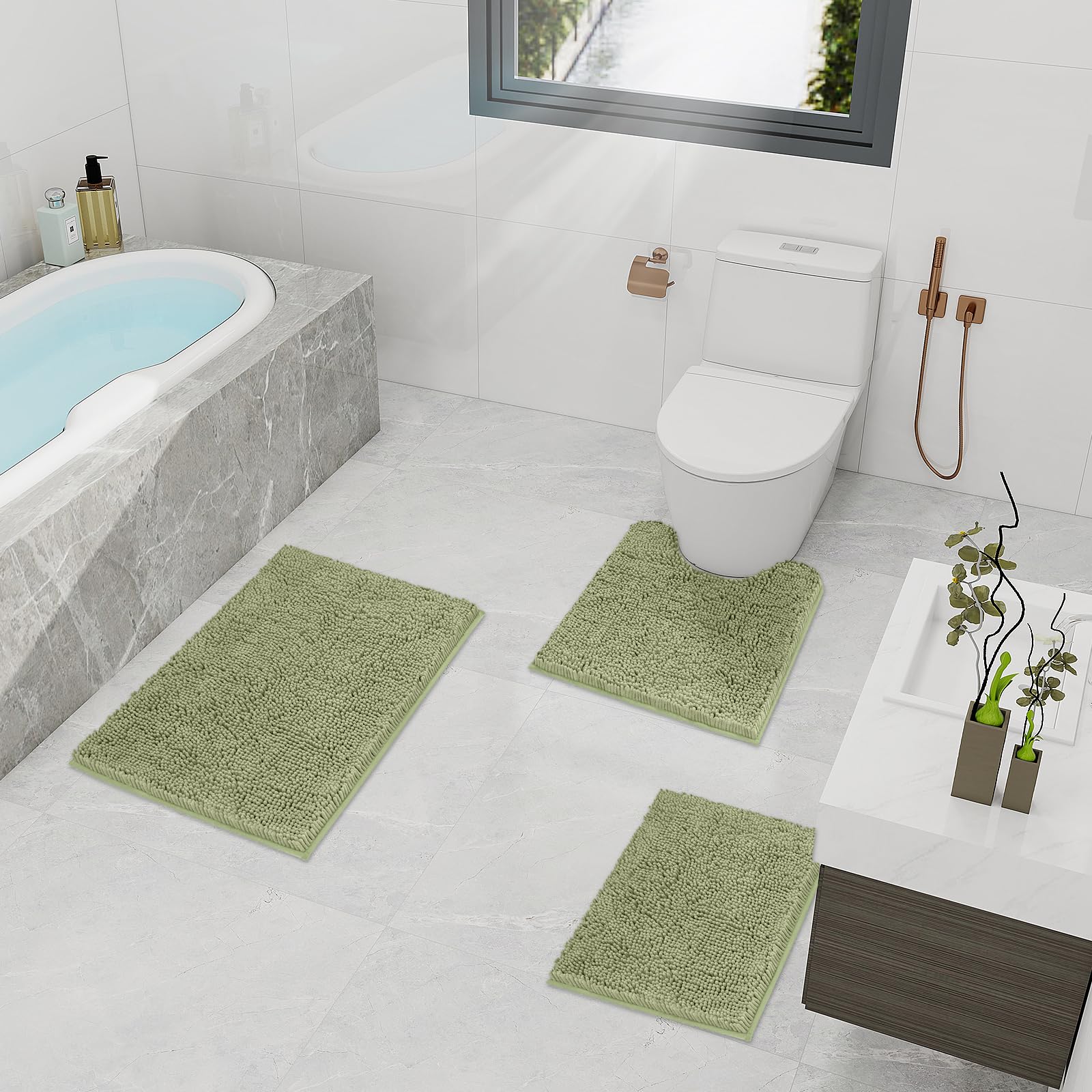 TREETONE Chenille Bath Mat 3 Pieces Bathroom Rugs Set, 20x20 Inches U-Shape Contoured Toilet Mat & 20x32 Inches Rug & Lid Cover,Water Absorbent Plush Rugs for Tub Shower & Bath Room -Beige