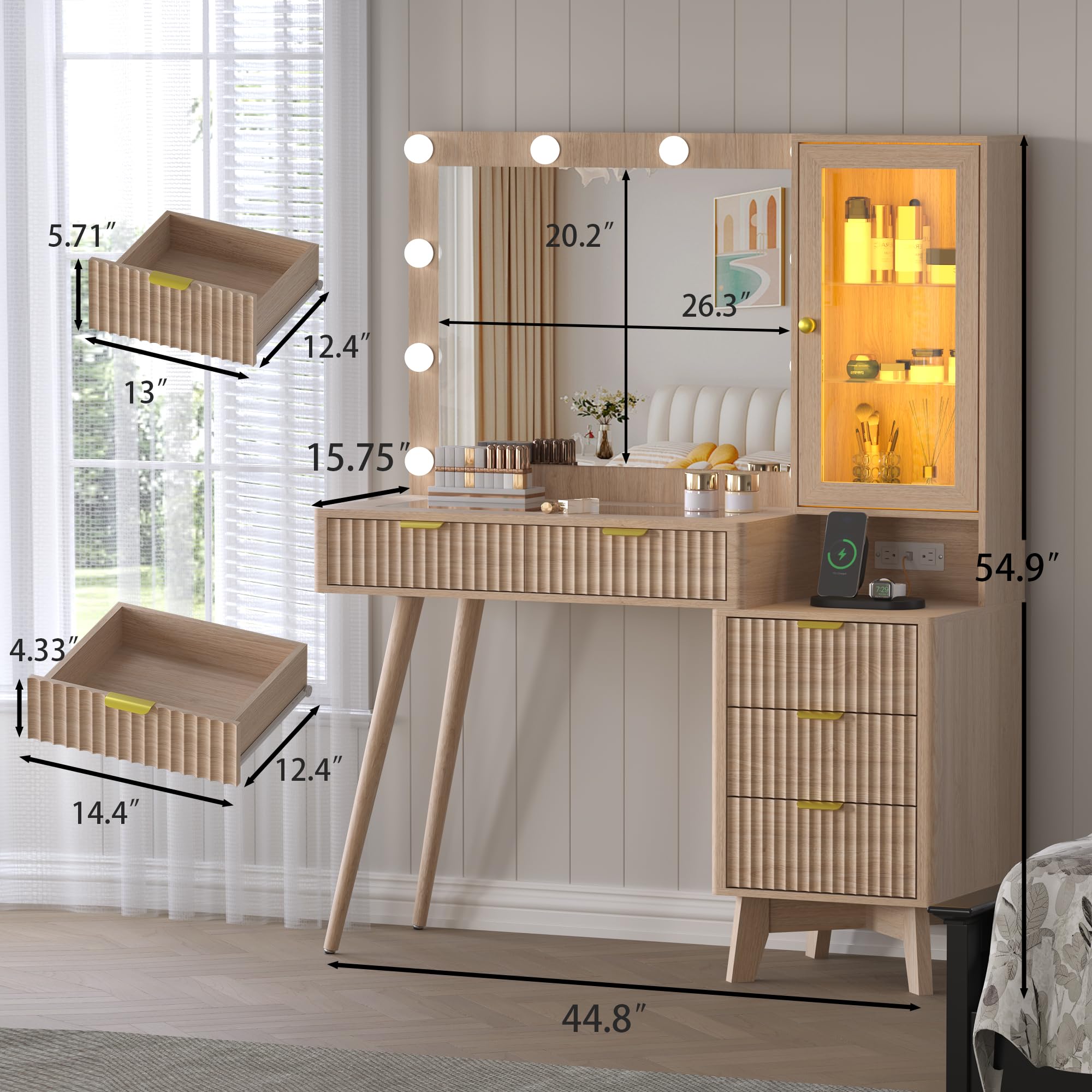 BORNOON 45” Fluted Makeup Vanity Desk with Mirror and Lights, Glass Top Dressing Table with 5 Drawers, LED Lighted Adjustable Cabinet, Trays & Charging Station for Bedroom Dressing Room