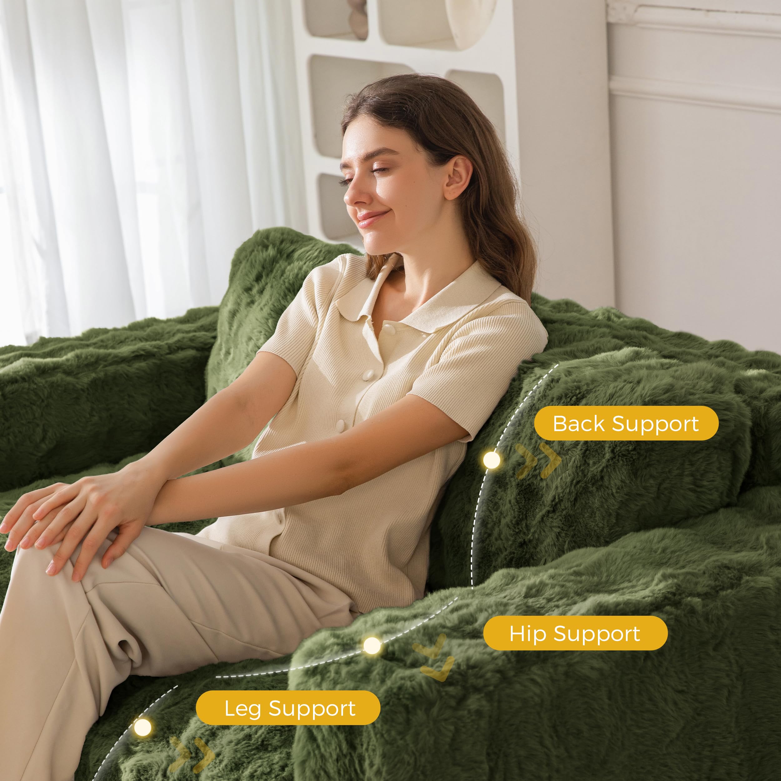 MAXYOYO 3 Seater Sofa Couch for Living Room, Tufted Boneless Couch Sofa Couch, Comfy Bubbled Bean Bag Chair for Apartment, No Assembly Needed, Beige