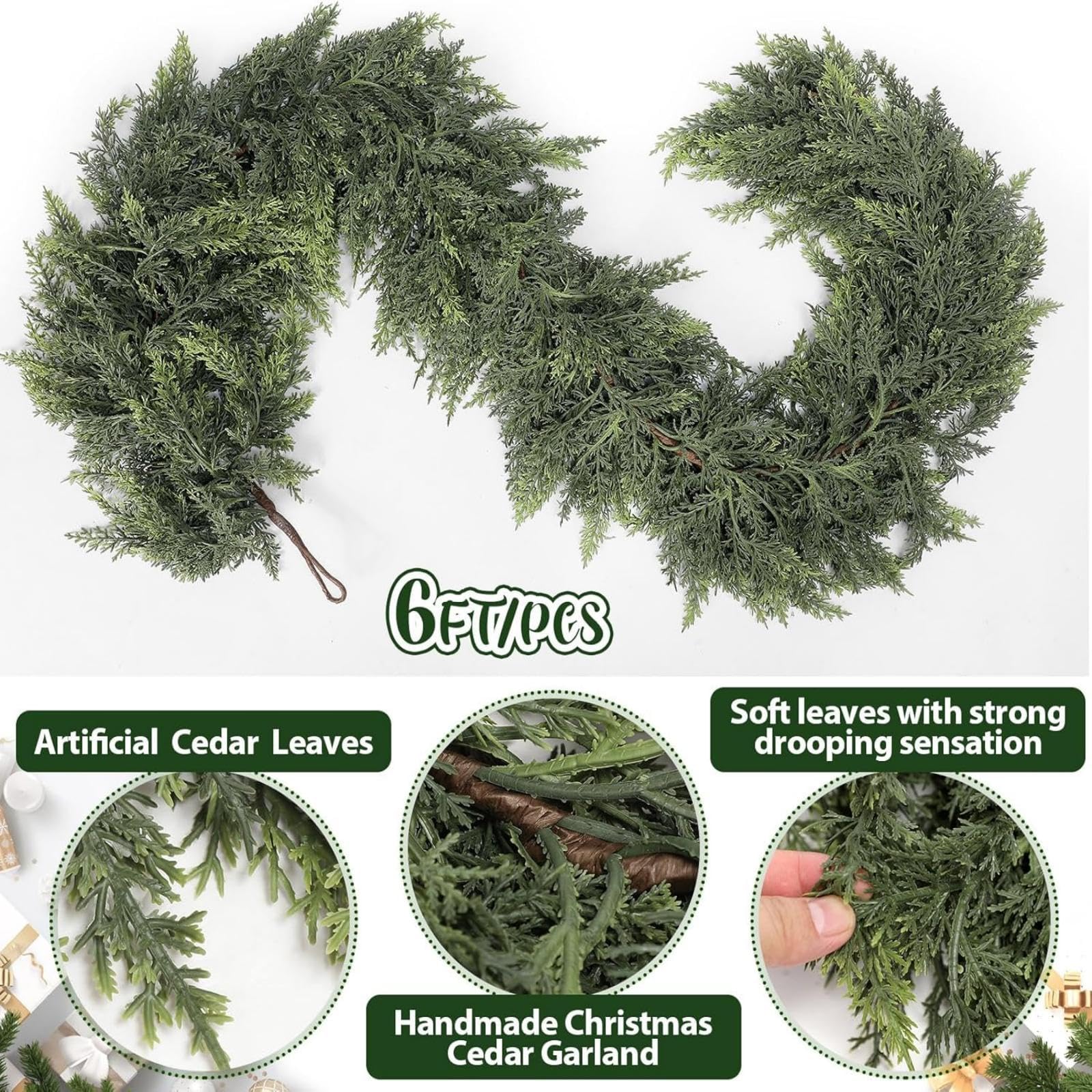 Waydress 1 Pcs 6 Feet Christmas Cedar Garland - Thick & Lush Realistic Artificial Green Faux Cedar Pine Needles Garland for Christmas Winter Home Mantel Fireplace Holiday Party Decor