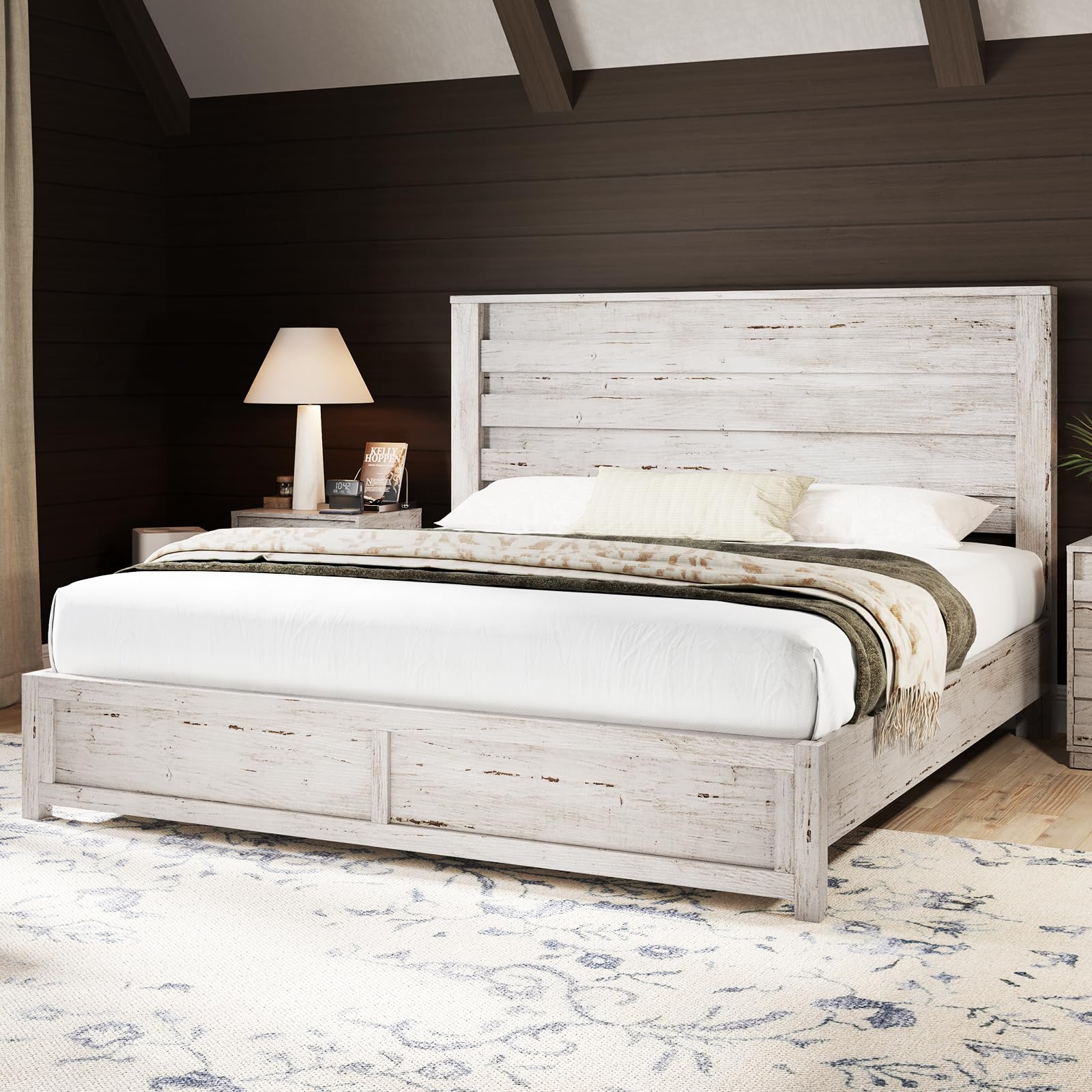 AMERLIFE Farmhouse Full Size Bed Frame with 49" Fluted Headboard, Wood Platform Bed with Natural Grain, No Box Spring Needed/Noise Free, Black