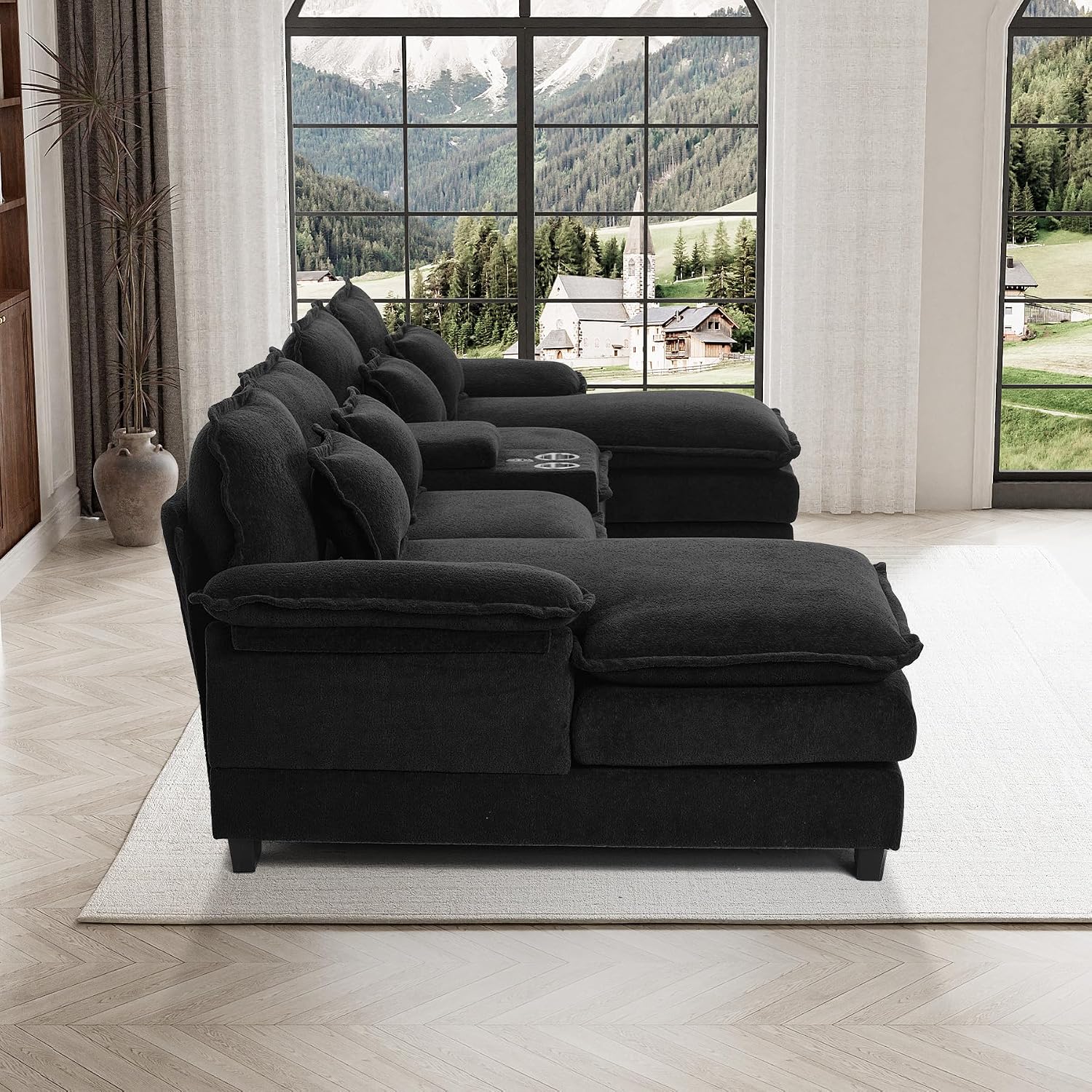 U Shaped Cloud Couch Sectional Sofa, 124" Comfy Fluffy Chenille Cloud Black Sectional Couches for Living Room with Double Chaise Lounge, Modern Modular Sofa with Central Console & USB Port